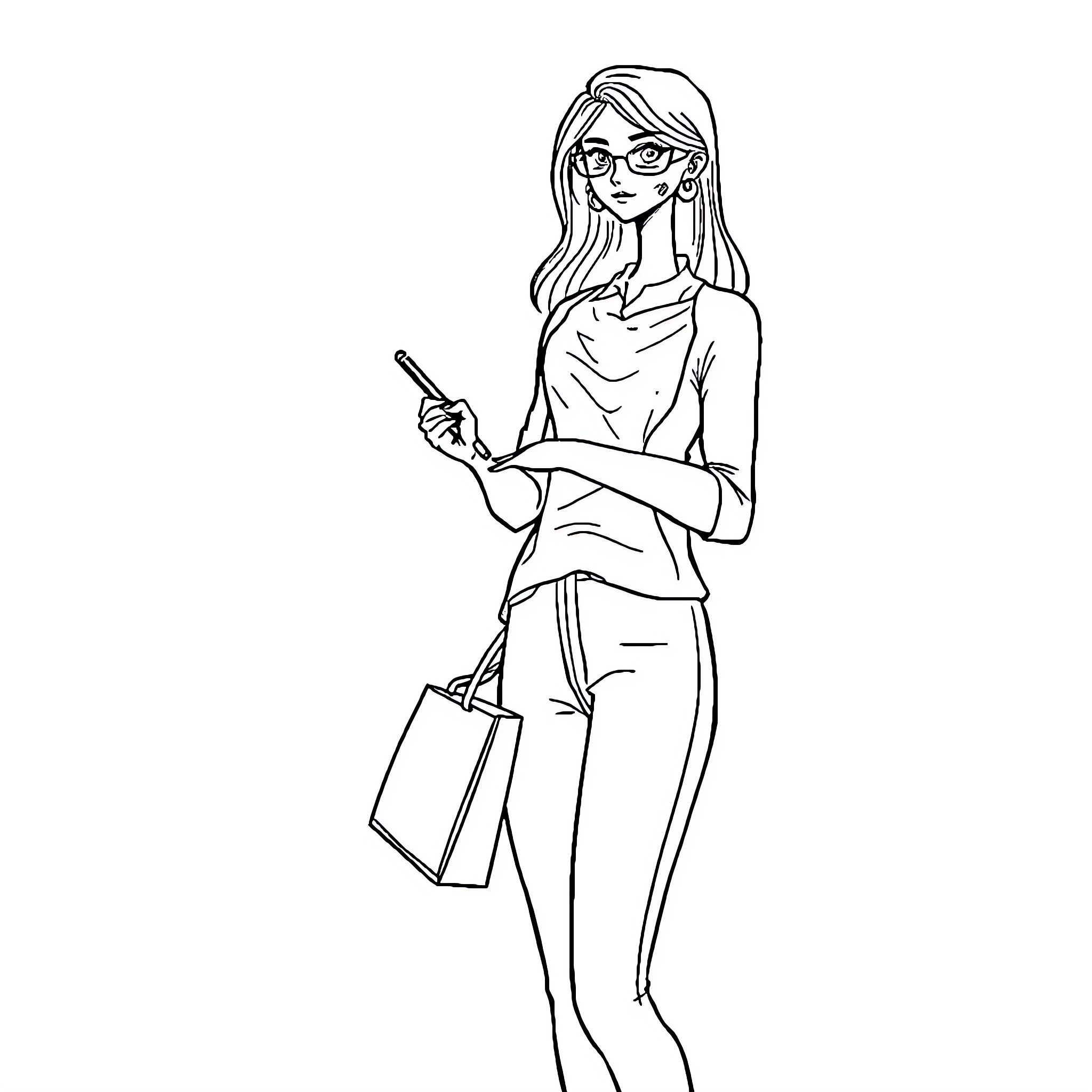 Teacher with smartphone and shopping bag Coloring Page (free black-and-white line drawing printable PDF for all, from beginners to advanced learners, including children, teens, adults, and seniors)