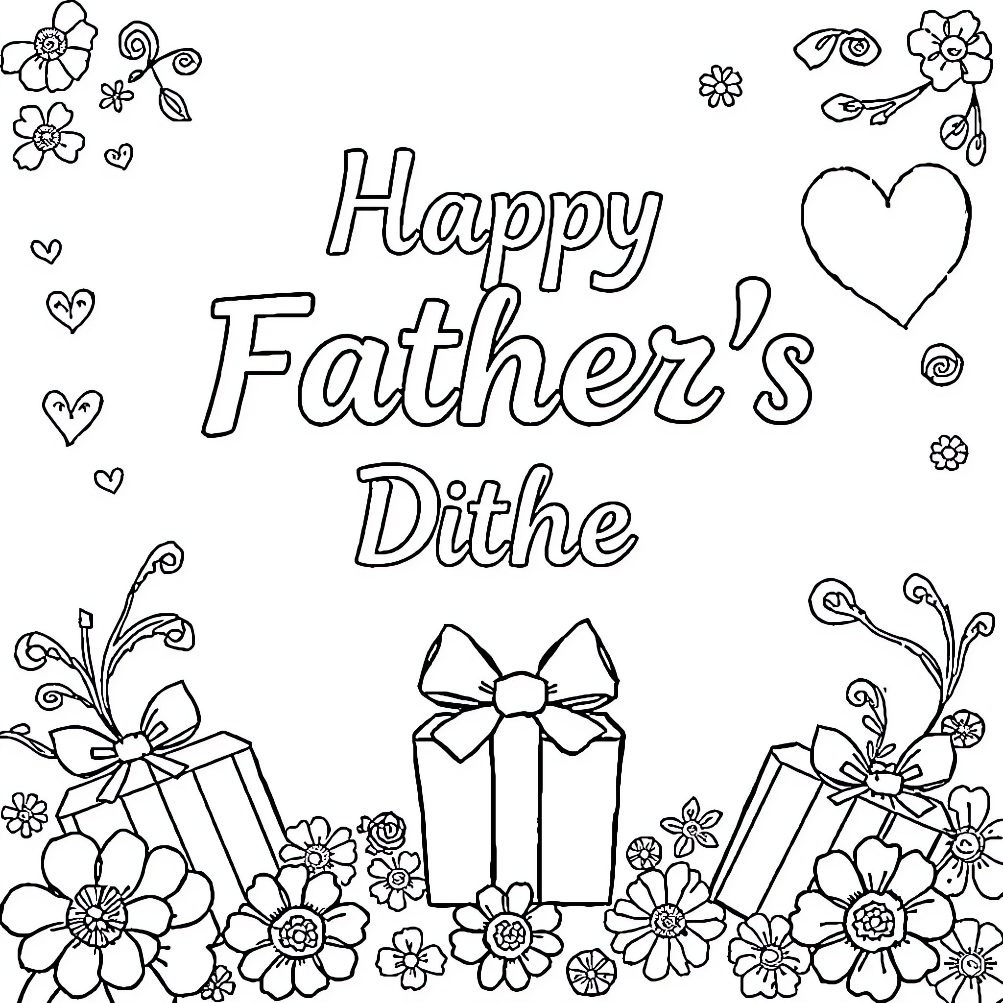 Father's Day with floral designs and gift boxes Coloring Page (free black-and-white line drawing printable PDF for all, from beginners to advanced learners, including children, teens, adults, and seniors)