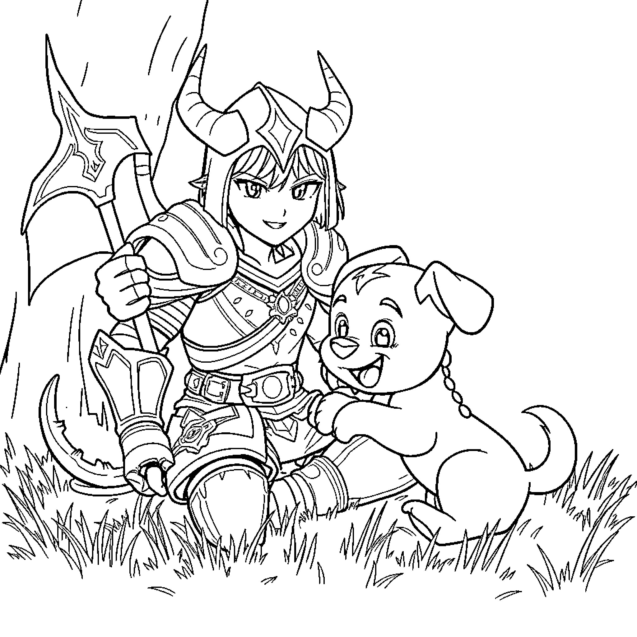 Demon Hunter with Companion Pet in Fantastical Landscape Coloring Page (free black-and-white line drawing printable PDF for all, from beginners to advanced learners, including children, teens, adults, and seniors)