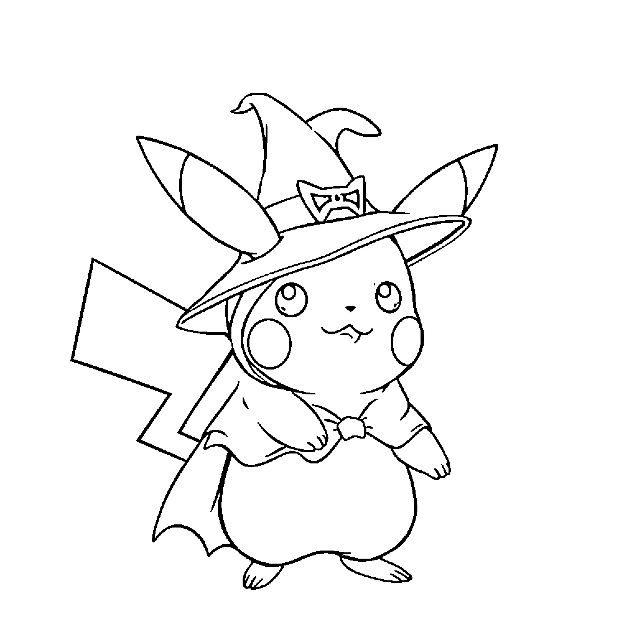 Pikachu wearing a witch hat and posing Coloring Page (free black-and-white line drawing printable PDF for all, from beginners to advanced learners, including children, teens, adults, and seniors)
