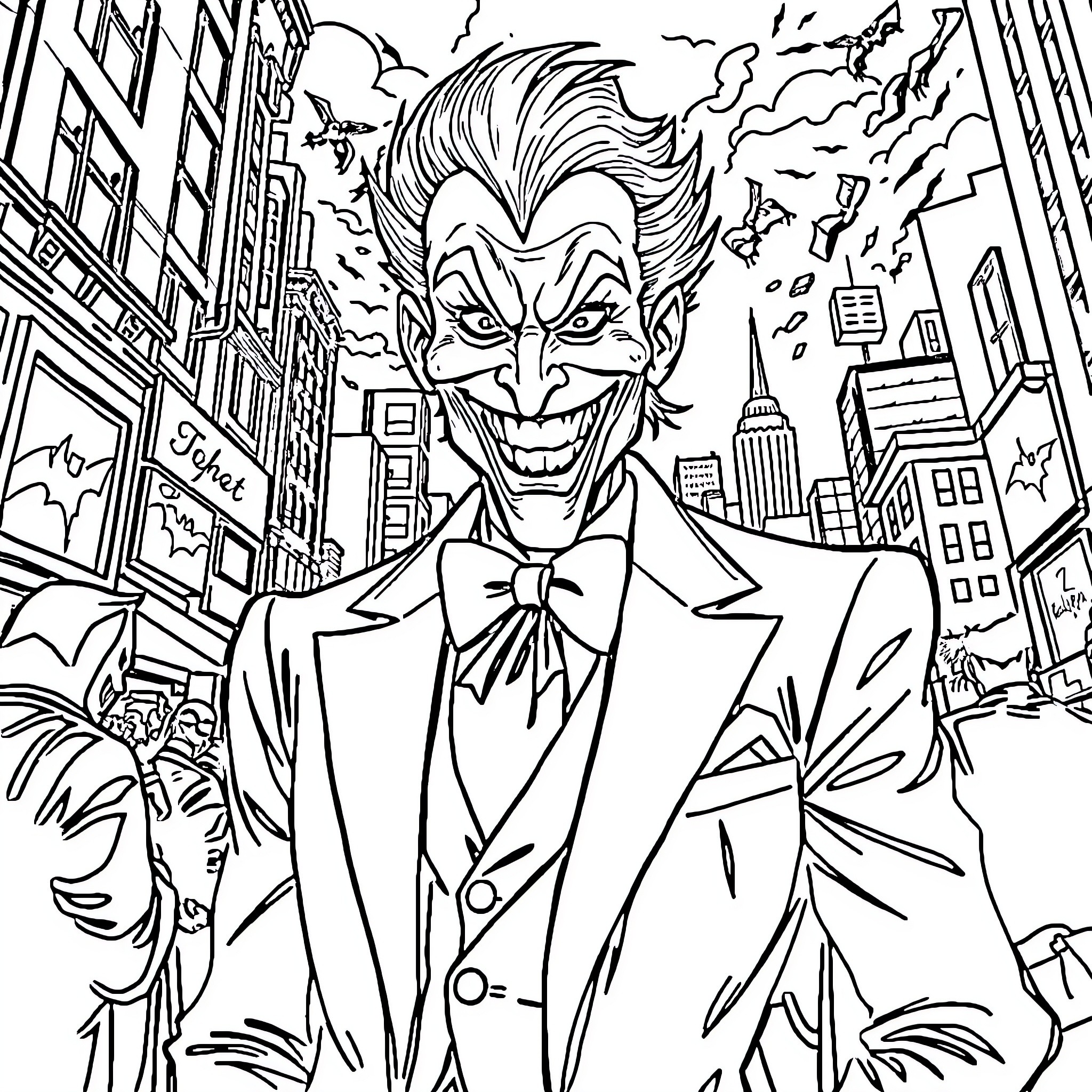Joker's Sinister Grin in the City Chaos Coloring Page (free black-and-white line drawing printable PDF for all, from beginners to advanced learners, including children, teens, adults, and seniors)