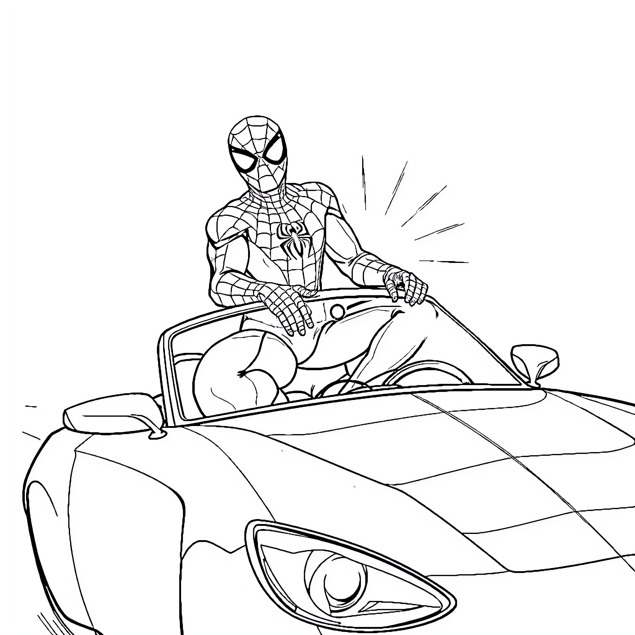 Spiderman riding a futuristic vehicle Coloring Page (free black-and-white line drawing printable PDF for all, from beginners to advanced learners, including children, teens, adults, and seniors)