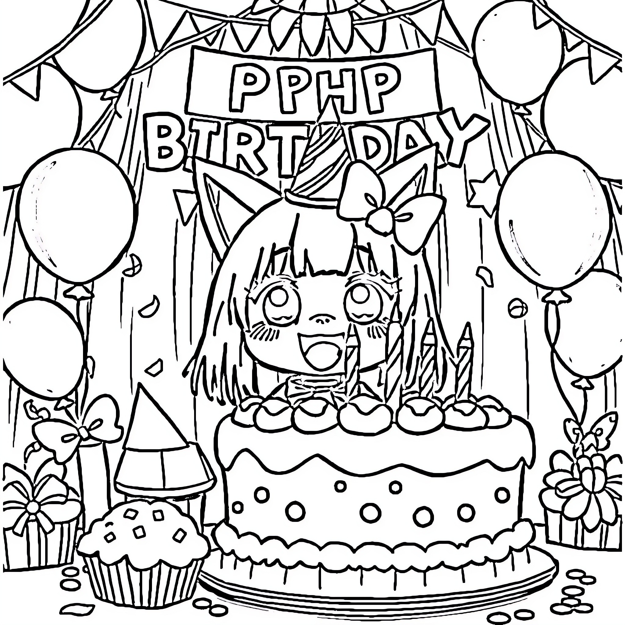Kuromi's Lively Birthday Celebration Coloring Page (free black-and-white line drawing printable PDF for all, from beginners to advanced learners, including children, teens, adults, and seniors)