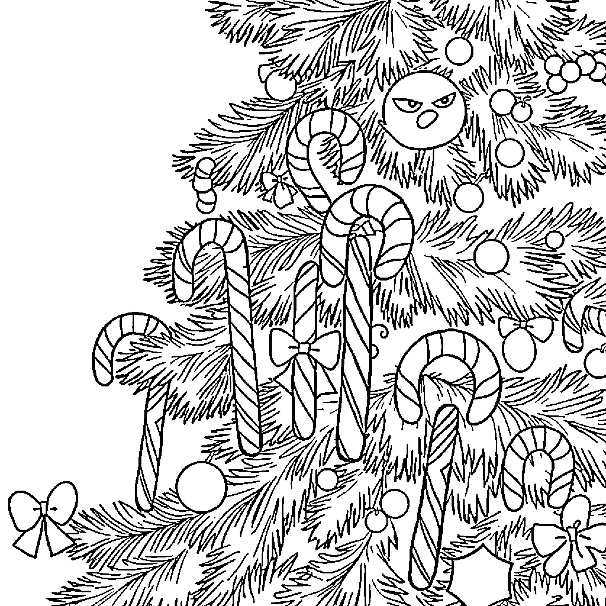 Candy Cane Decorations on Christmas Tree Coloring Page (free black-and-white line drawing printable PDF for all, from beginners to advanced learners, including children, teens, adults, and seniors)