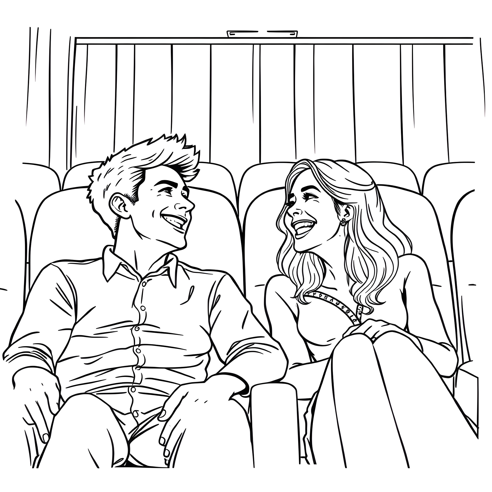 Movie Theater Couple Enjoying the Show Coloring Page (free black-and-white line drawing printable PDF for all, from beginners to advanced learners, including children, teens, adults, and seniors)
