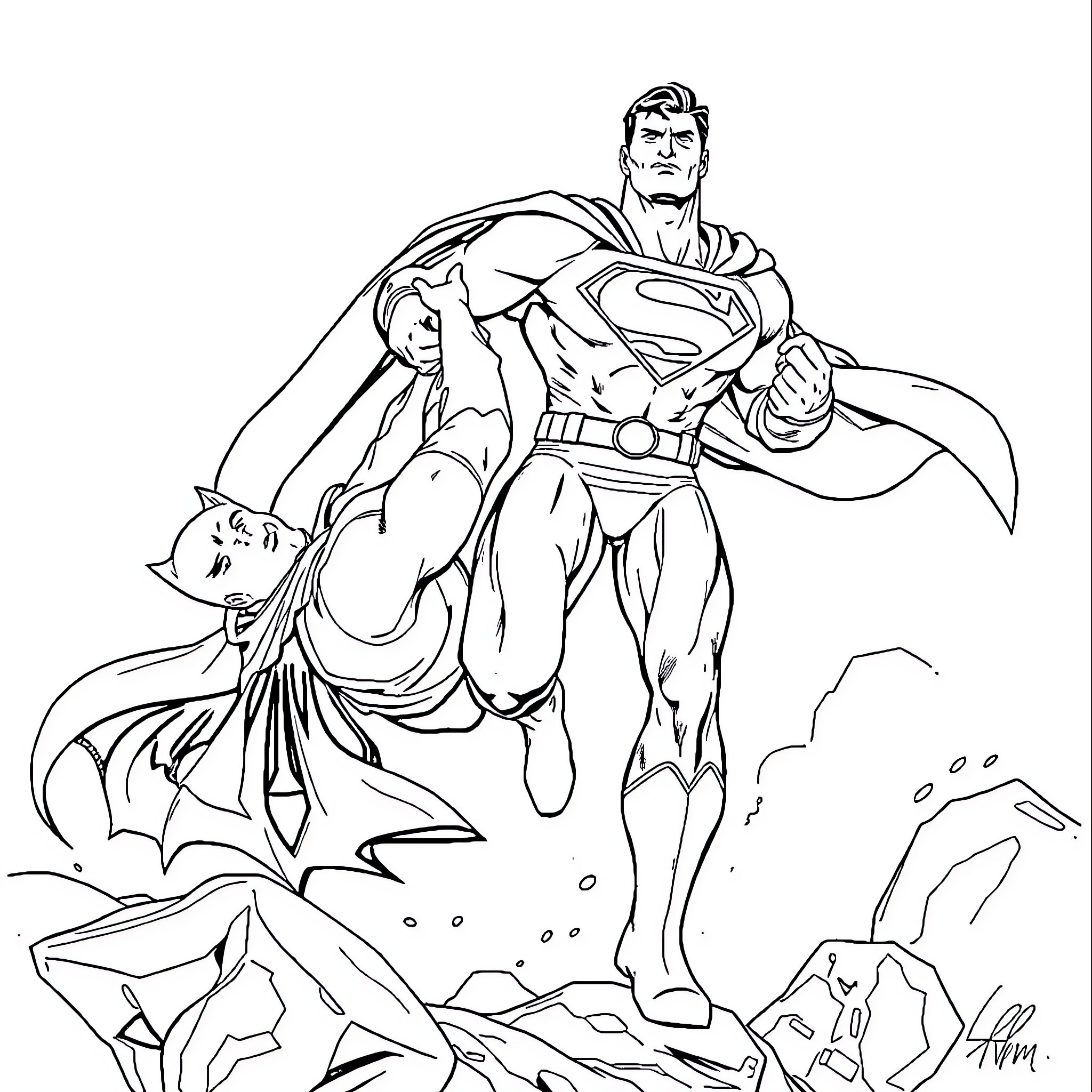 Superman heroically rescuing a person in distress Coloring Page (free black-and-white line drawing printable PDF for all, from beginners to advanced learners, including children, teens, adults, and seniors)