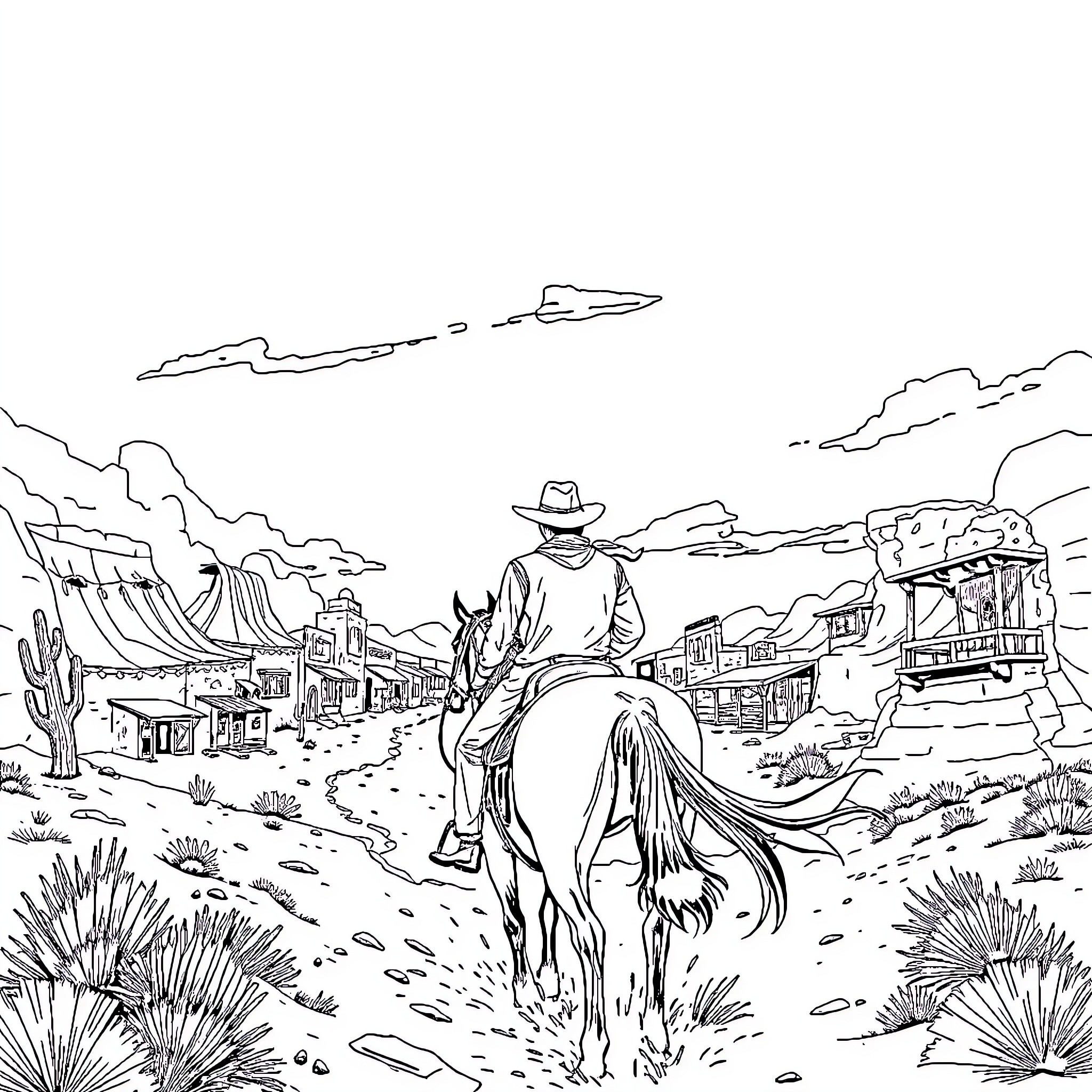 Cowboy riding horse through the Western frontier Coloring Page (free black-and-white line drawing printable PDF for all, from beginners to advanced learners, including children, teens, adults, and seniors)