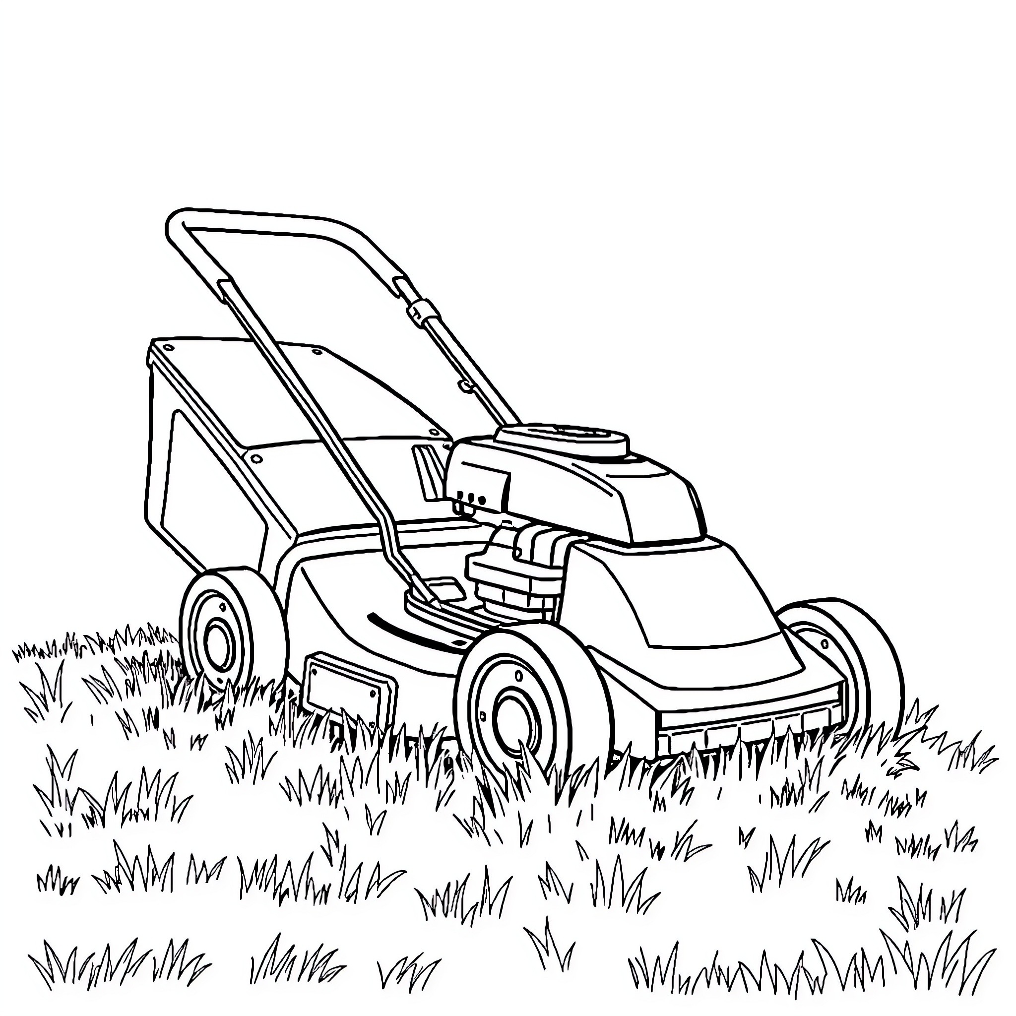 Lawnmower working on grass-covered yard Coloring Page (free black-and-white line drawing printable PDF for all, from beginners to advanced learners, including children, teens, adults, and seniors)