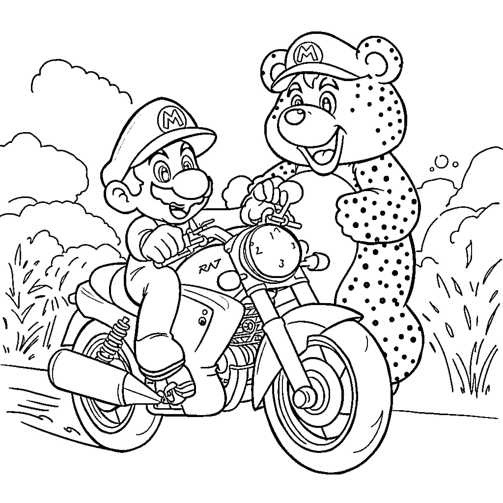 Mario and Cheetah Ride Motorcycle in Nature Coloring Page (free black-and-white line drawing printable PDF for all, from beginners to advanced learners, including children, teens, adults, and seniors)