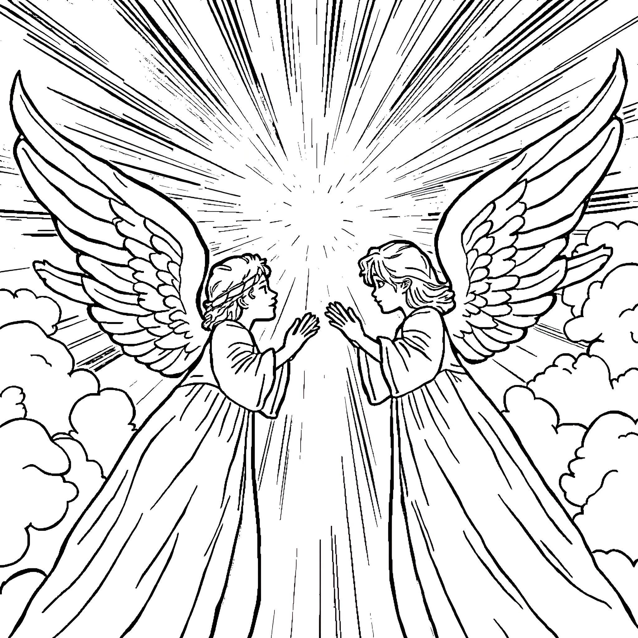 Angel's Celestial Encounter in the Heavens Coloring Page (free black-and-white line drawing printable PDF for all, from beginners to advanced learners, including children, teens, adults, and seniors)