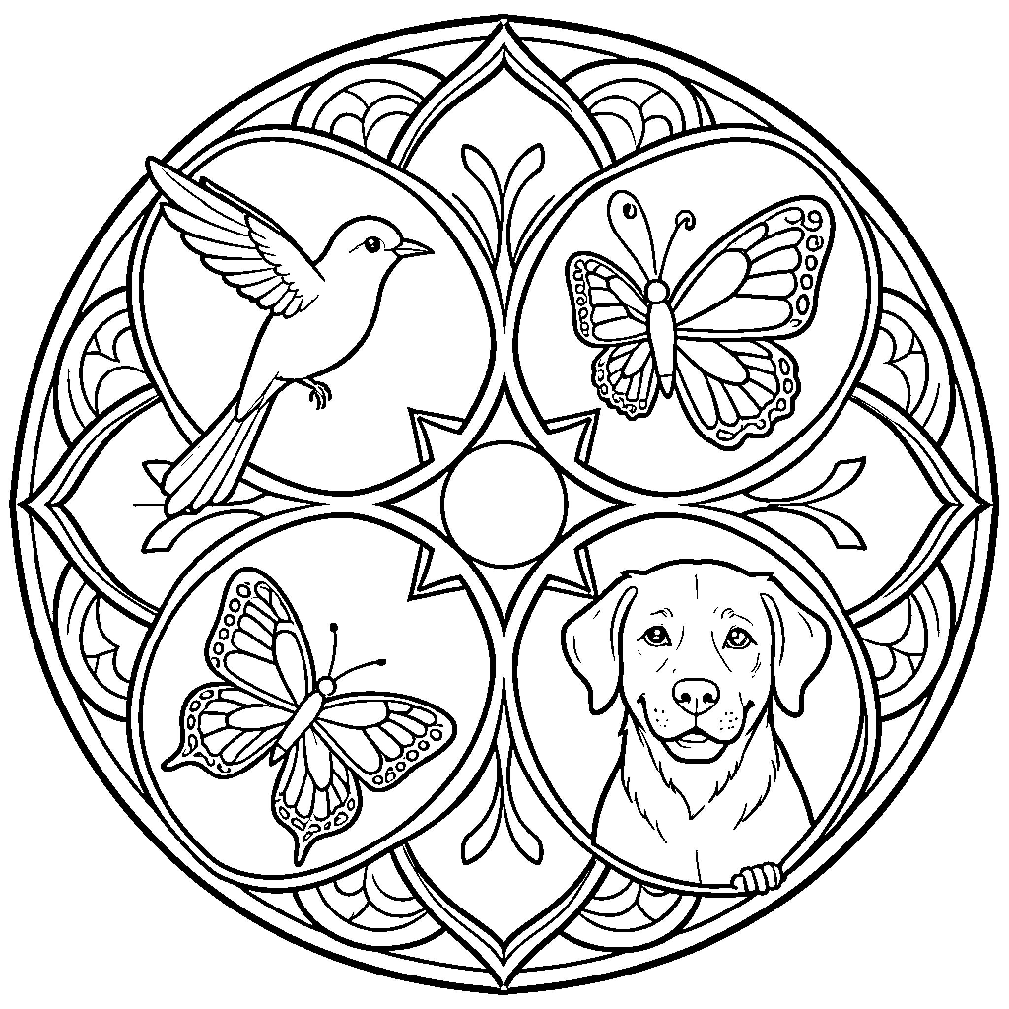 Mandala with animals and butterflies Coloring Page (free black-and-white line drawing printable PDF for all, from beginners to advanced learners, including children, teens, adults, and seniors)