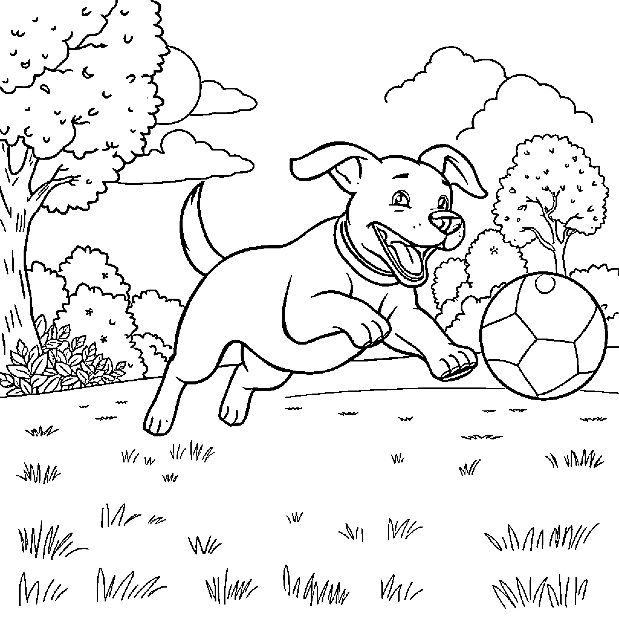Dog playing happily with ball in the park Coloring Page (free black-and-white line drawing printable PDF for all, from beginners to advanced learners, including children, teens, adults, and seniors)