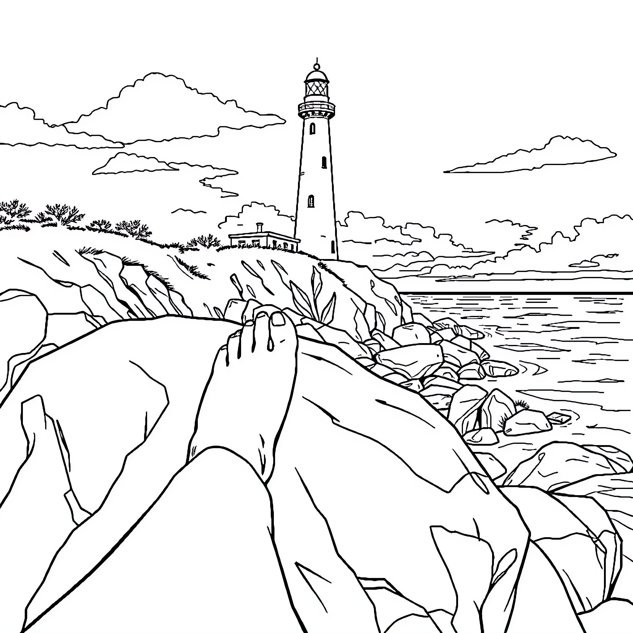 Christian Lighthouse by the Coastal Rocks Coloring Page (free black-and-white line drawing printable PDF for all, from beginners to advanced learners, including children, teens, adults, and seniors)
