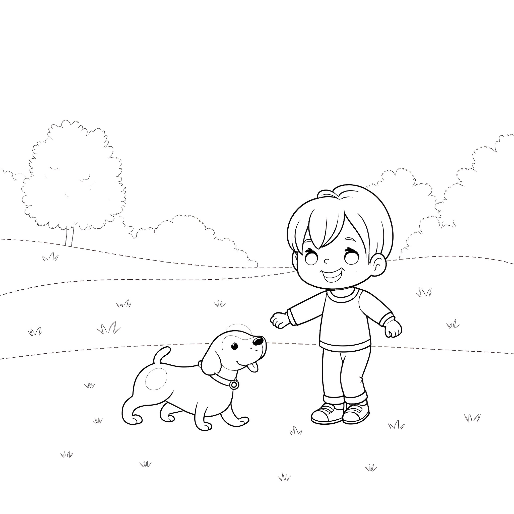 Kid playing happily with a puppy in the park Coloring Page (free black-and-white line drawing printable PDF for all, from beginners to advanced learners, including children, teens, adults, and seniors)
