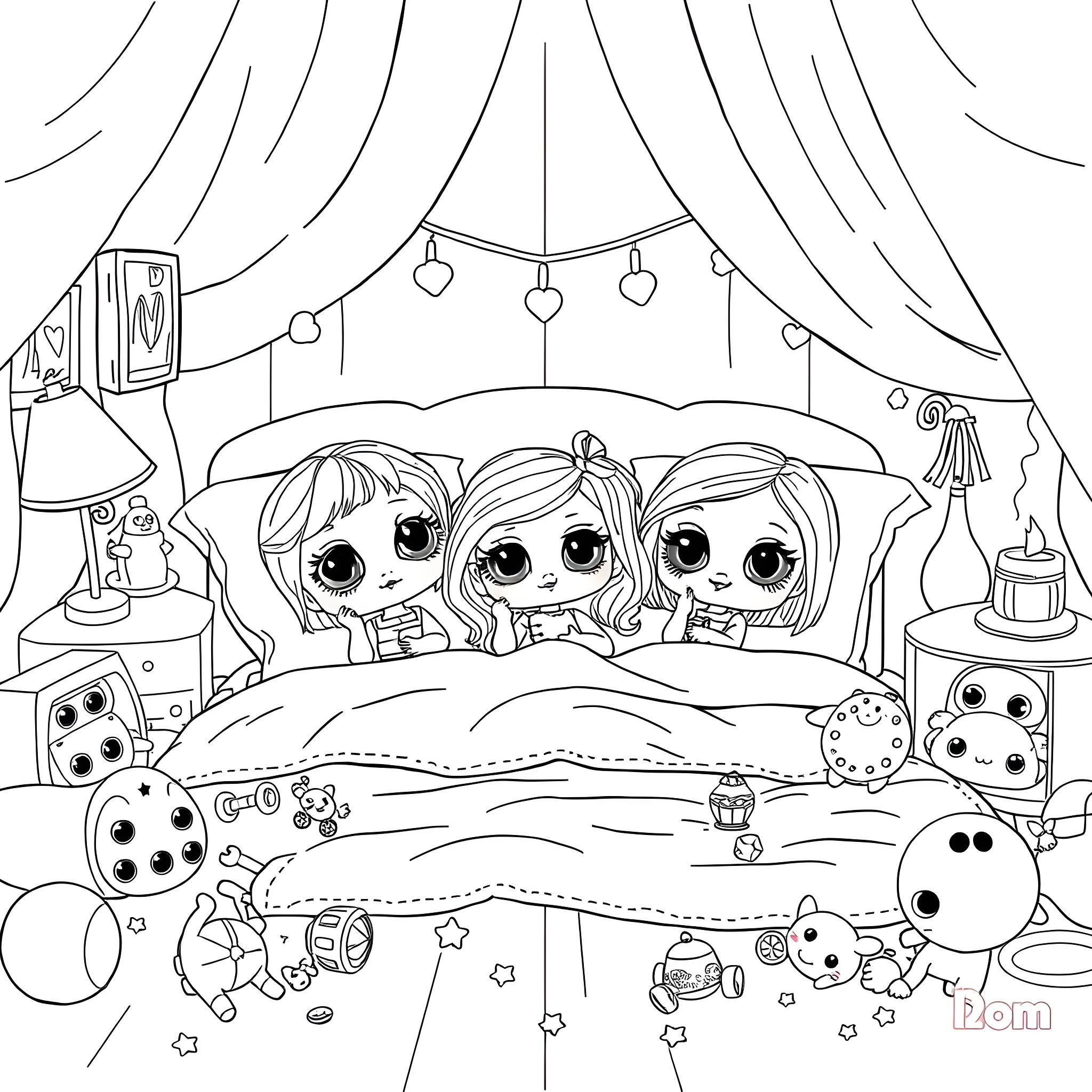 Doll Figures Cuddling and Playing in Bedroom Coloring Page (free black-and-white line drawing printable PDF for all, from beginners to advanced learners, including children, teens, adults, and seniors)
