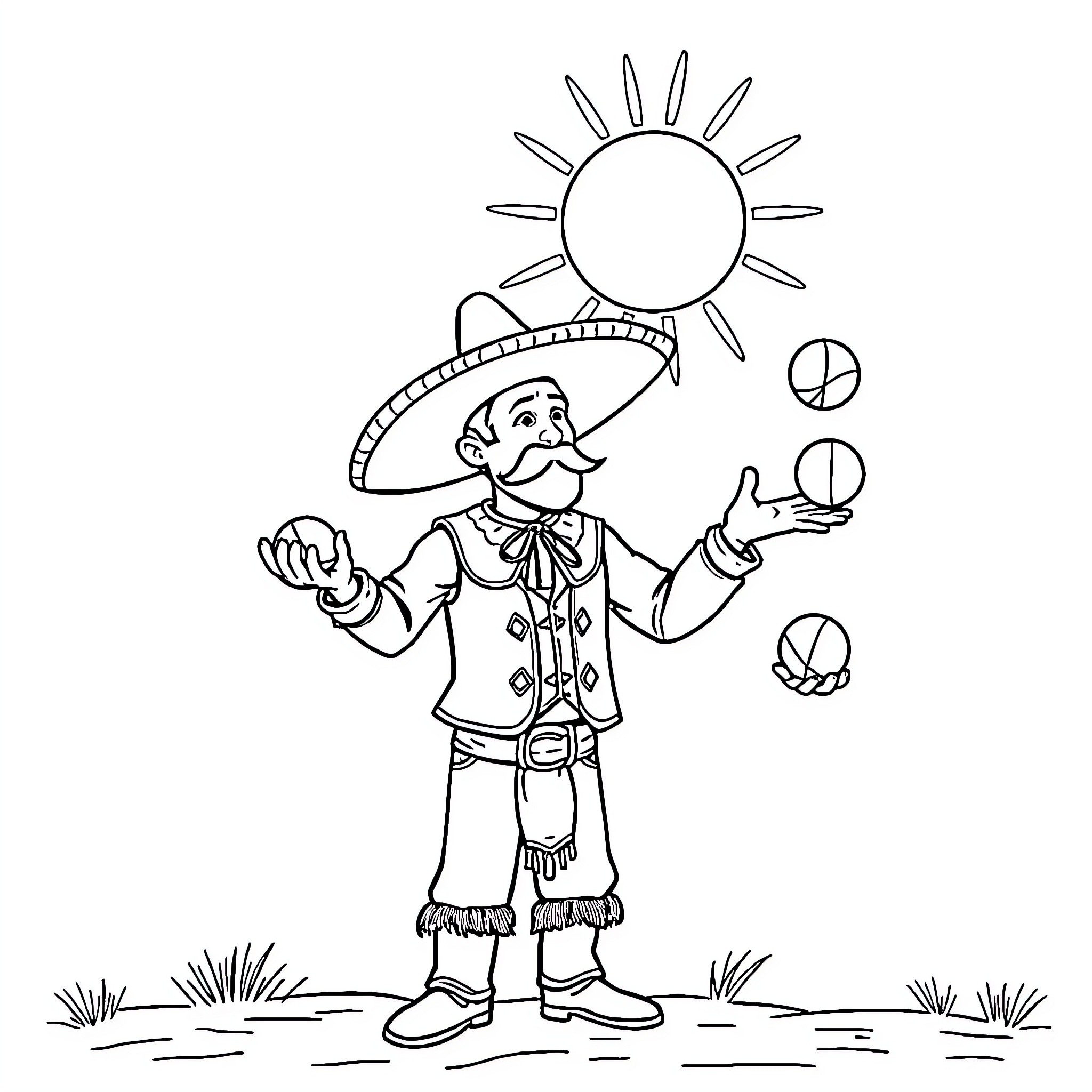 Cowboy Juggling under the Sun Coloring Page (free black-and-white line drawing printable PDF for all, from beginners to advanced learners, including children, teens, adults, and seniors)