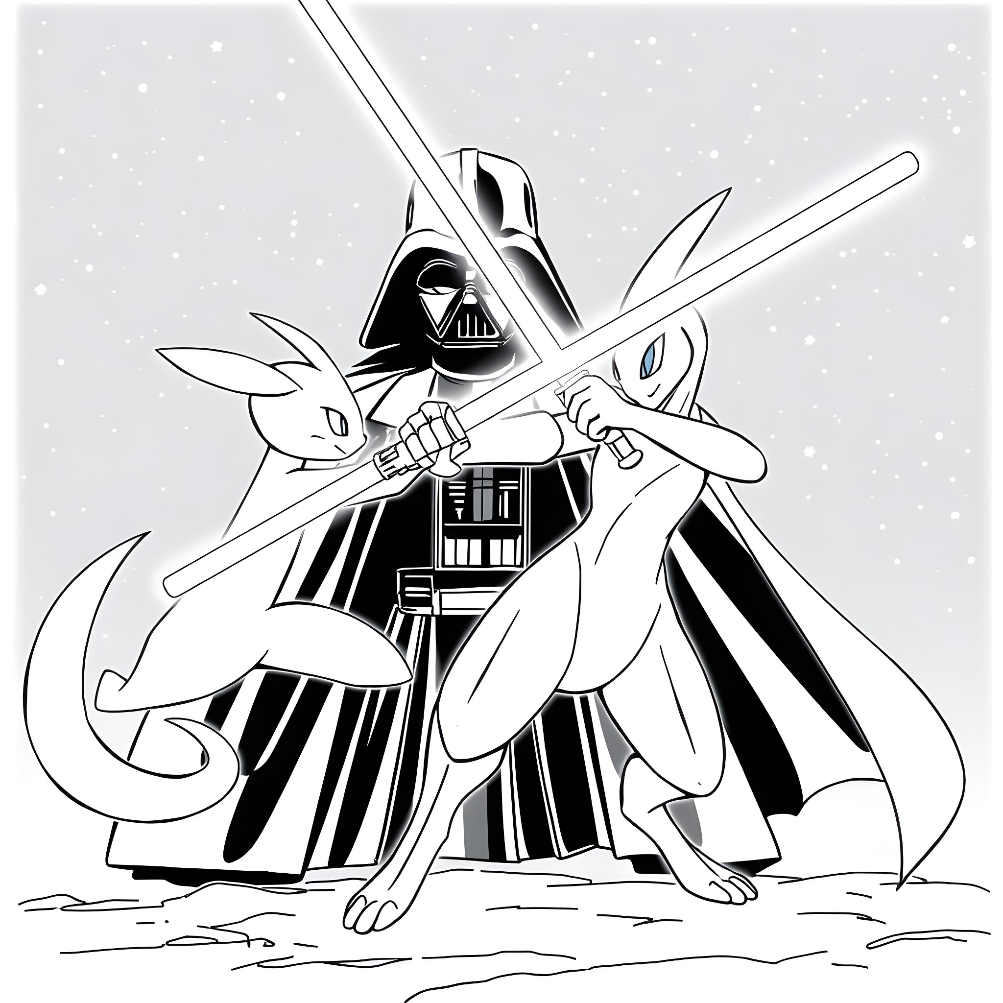 Mewtwo battling Darth Vader in a snowy landscape Coloring Page (free black-and-white line drawing printable PDF for all, from beginners to advanced learners, including children, teens, adults, and seniors)