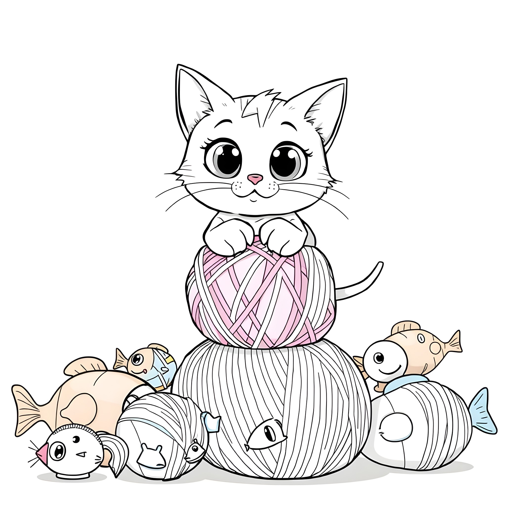 Cat playing with yarn and fish toys Coloring Page (free black-and-white line drawing printable PDF for all, from beginners to advanced learners, including children, teens, adults, and seniors)