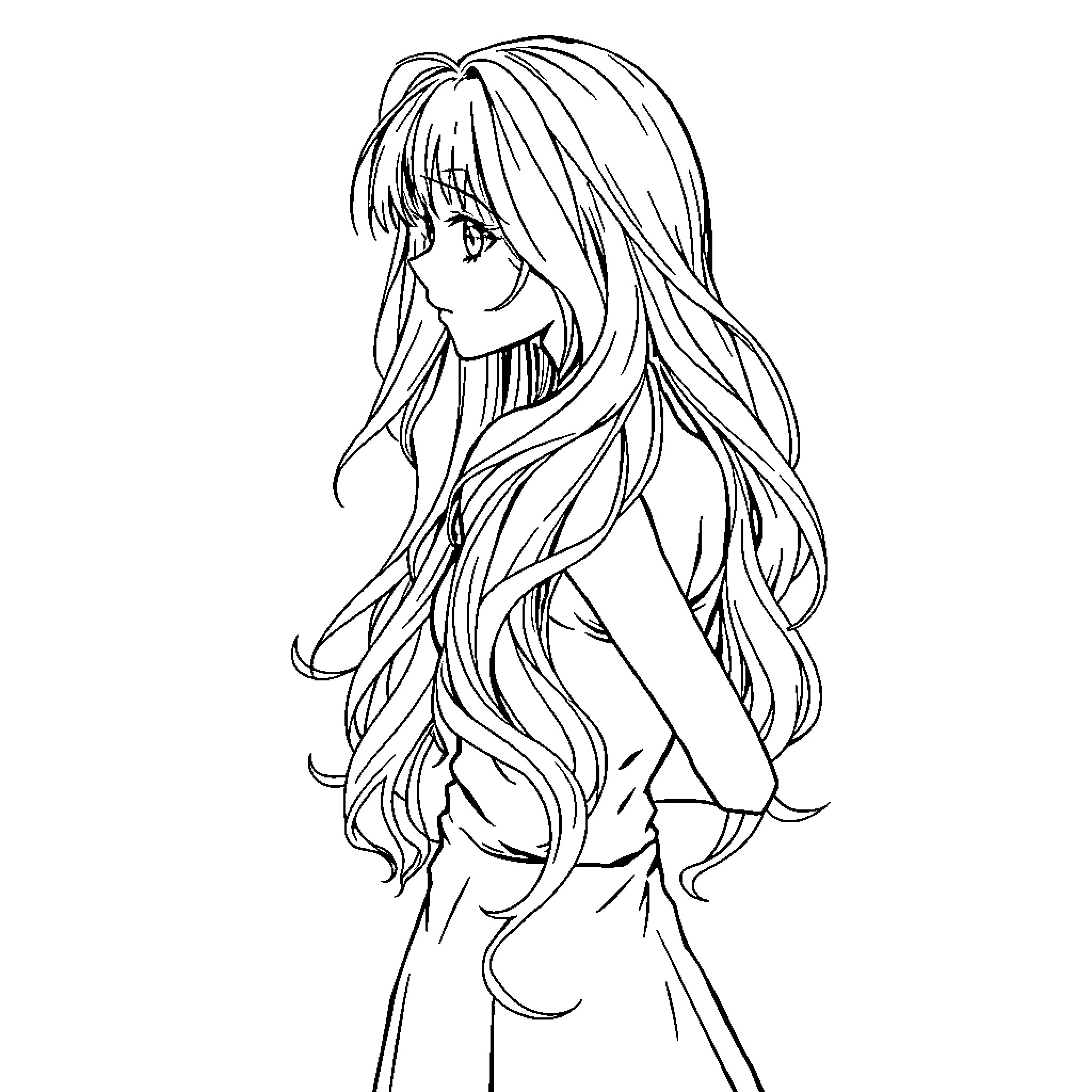 Anime Girl with Flowing Hair and Pensive Expression Coloring Page (free black-and-white line drawing printable PDF for all, from beginners to advanced learners, including children, teens, adults, and seniors)