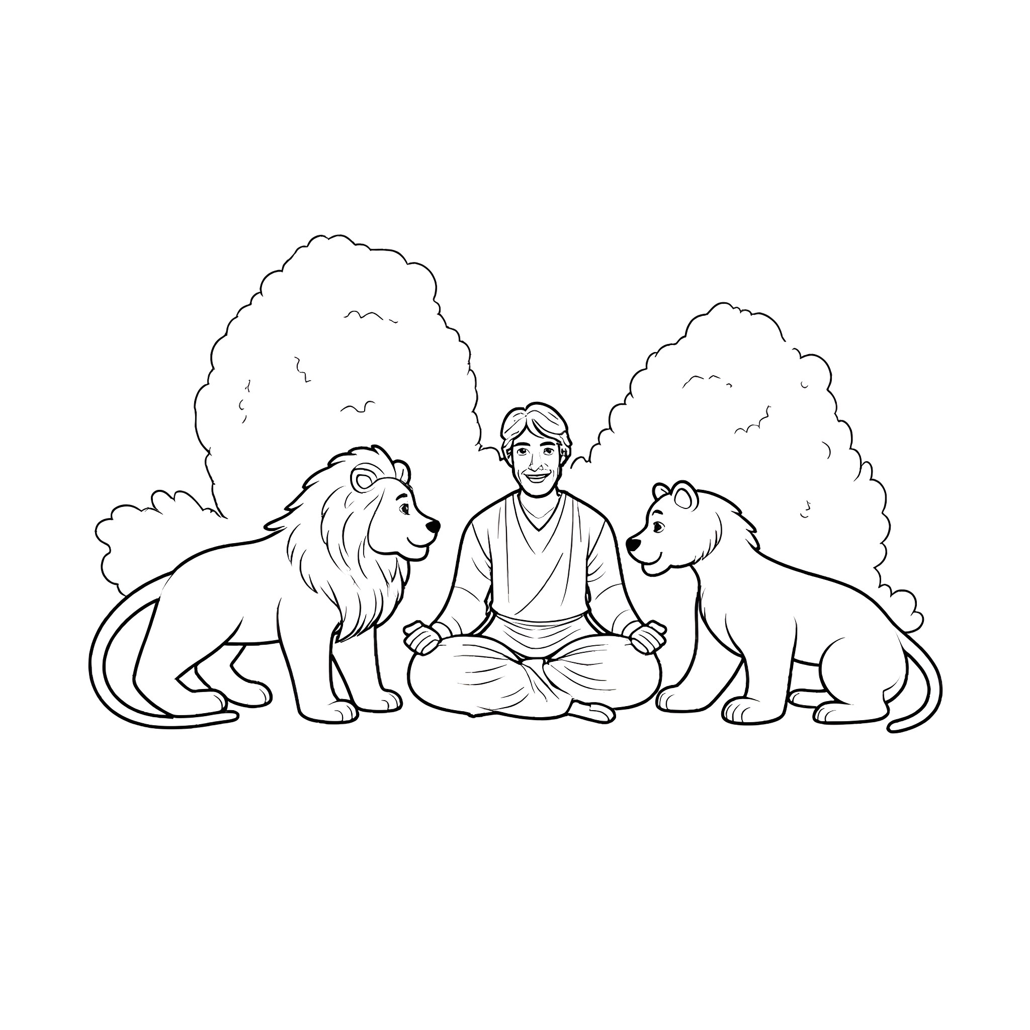 Lion tamer meditating with wild lions Coloring Page (free black-and-white line drawing printable PDF for all, from beginners to advanced learners, including children, teens, adults, and seniors)