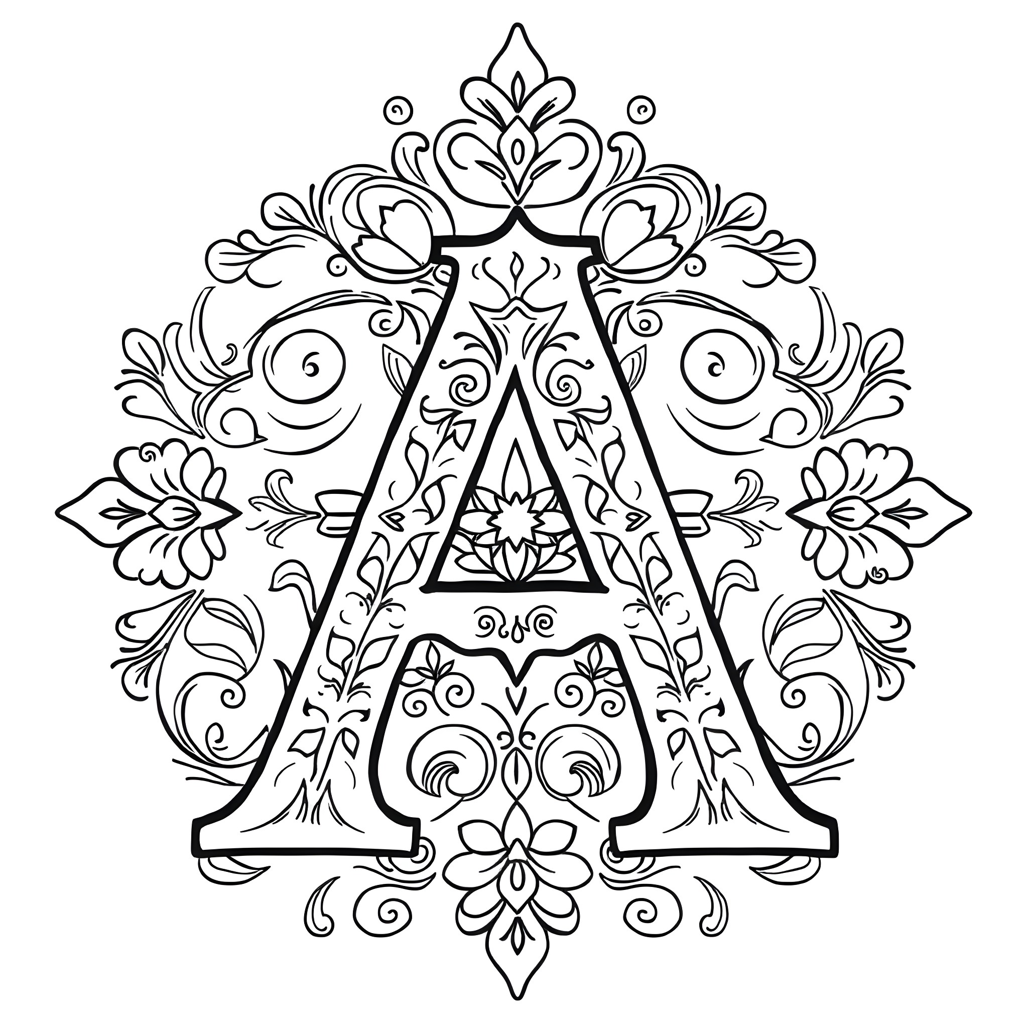 Letter A with Ornate Floral Design Coloring Page (free black-and-white line drawing printable PDF for all, from beginners to advanced learners, including children, teens, adults, and seniors)