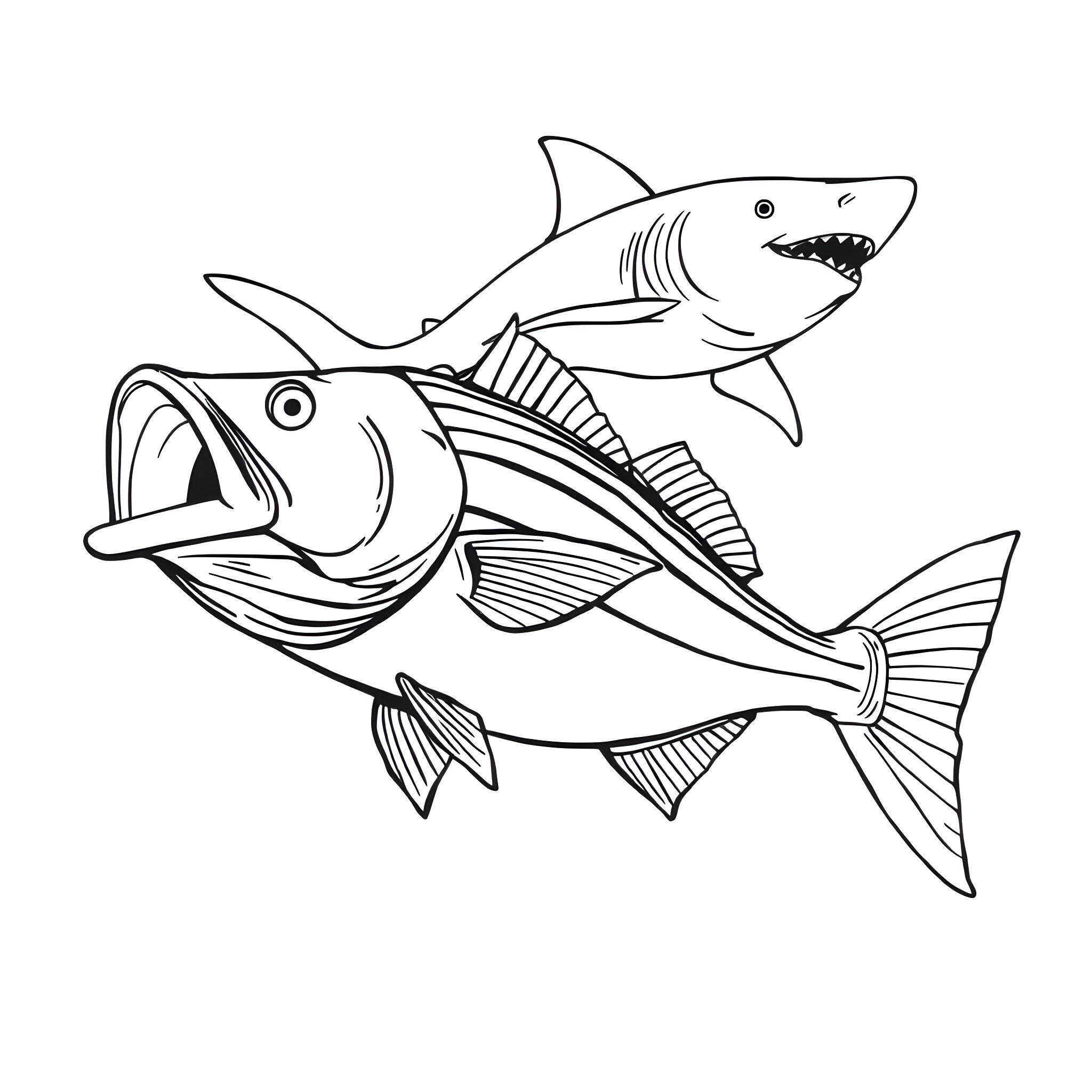Bass fish devouring smaller fish in the ocean Coloring Page (free black-and-white line drawing printable PDF for all, from beginners to advanced learners, including children, teens, adults, and seniors)