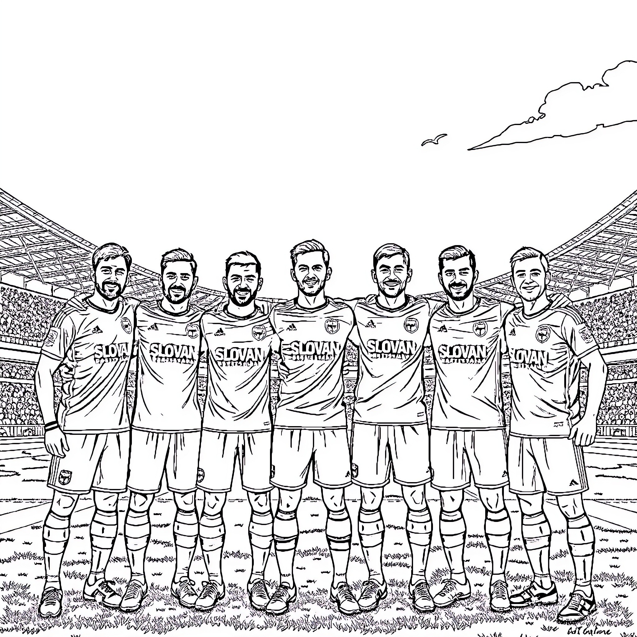 Slovan Bratislava football team posing in the stadium Coloring Page (free black-and-white line drawing printable PDF for all, from beginners to advanced learners, including children, teens, adults, and seniors)