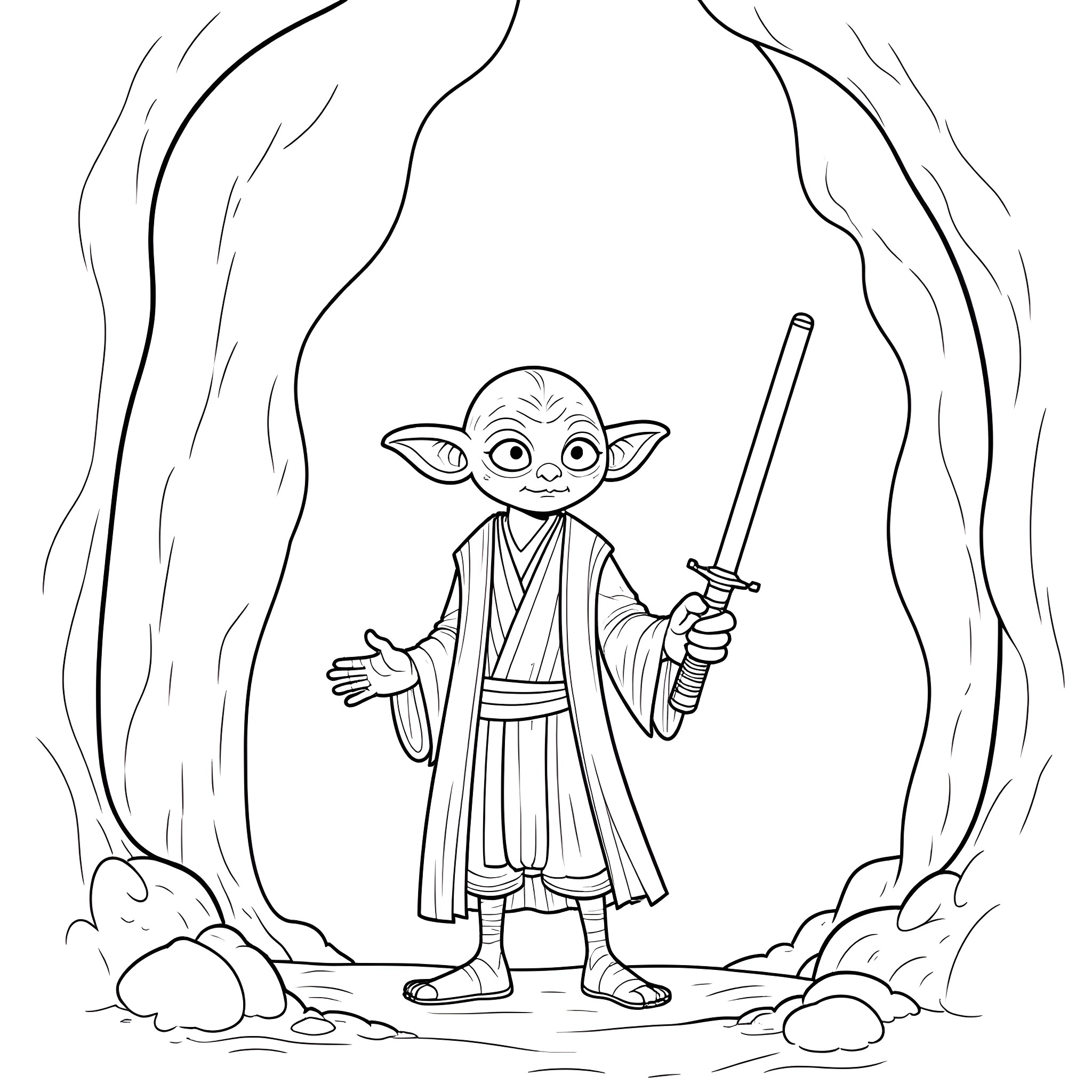 Gollum-like creature wielding a sword in a mysterious forest Coloring Page (free black-and-white line drawing printable PDF for all, from beginners to advanced learners, including children, teens, adults, and seniors)