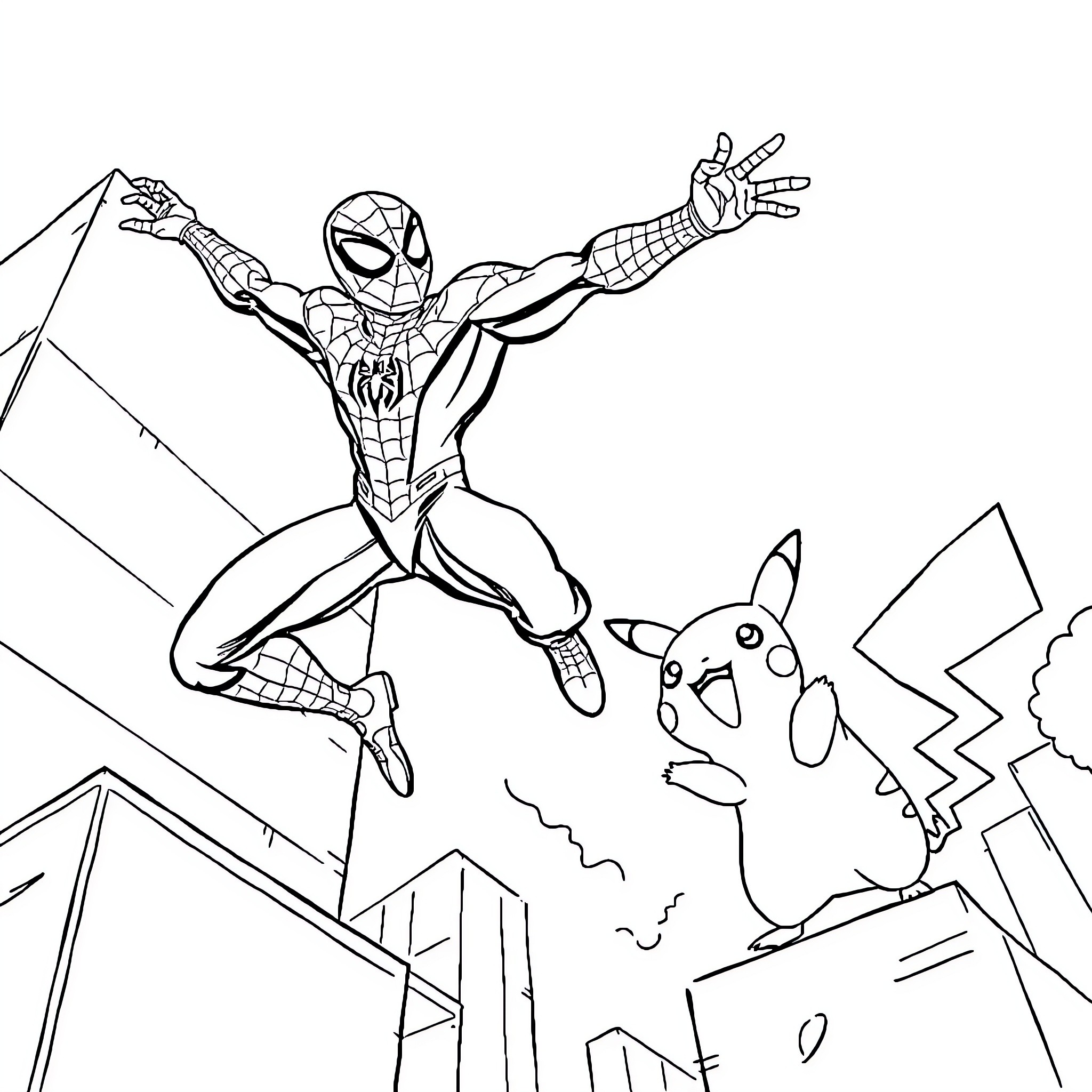 Spiderman swinging with Pikachu in the city Coloring Page (free black-and-white line drawing printable PDF for all, from beginners to advanced learners, including children, teens, adults, and seniors)