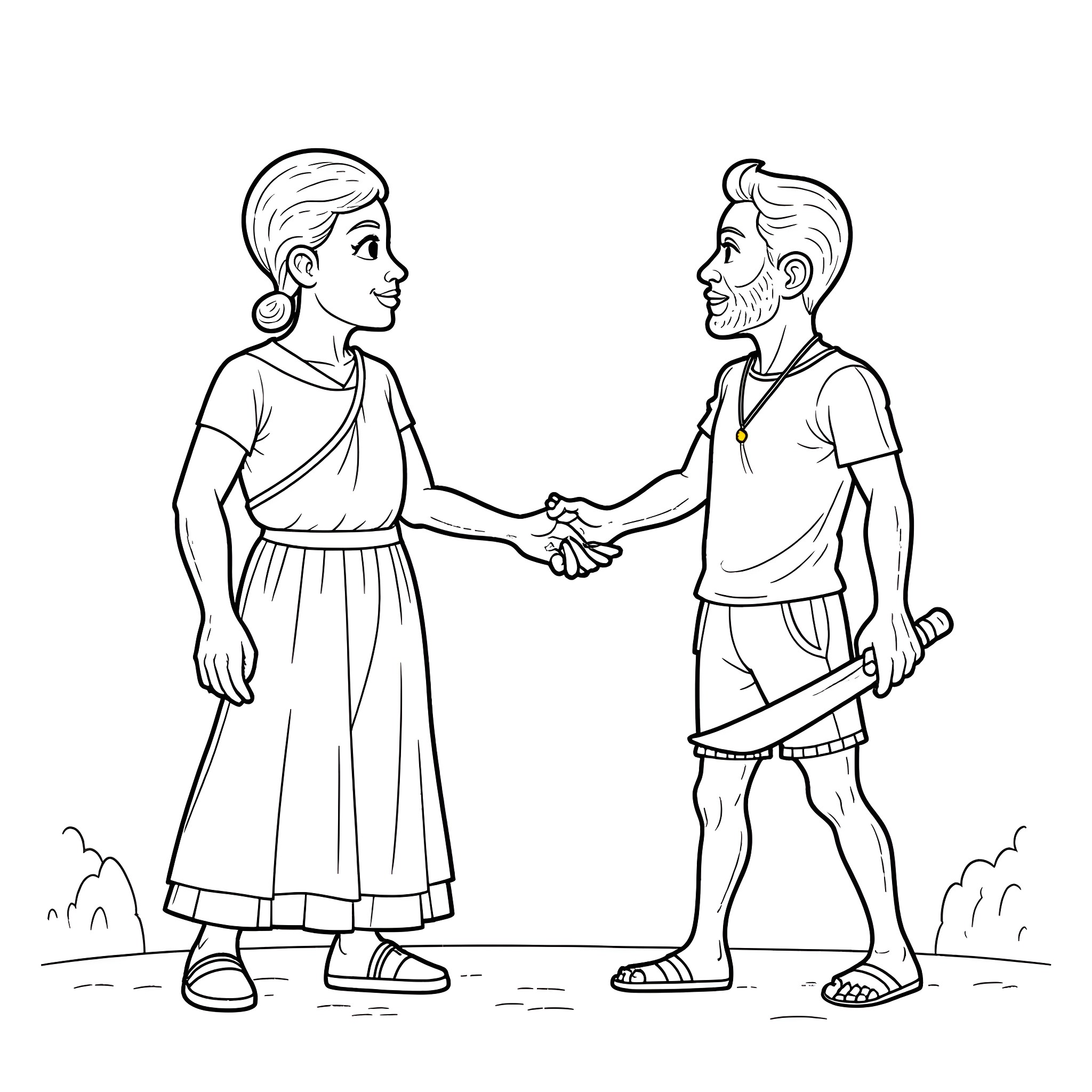 Time to make a deal in the village Coloring Page (free black-and-white line drawing printable PDF for all, from beginners to advanced learners, including children, teens, adults, and seniors)