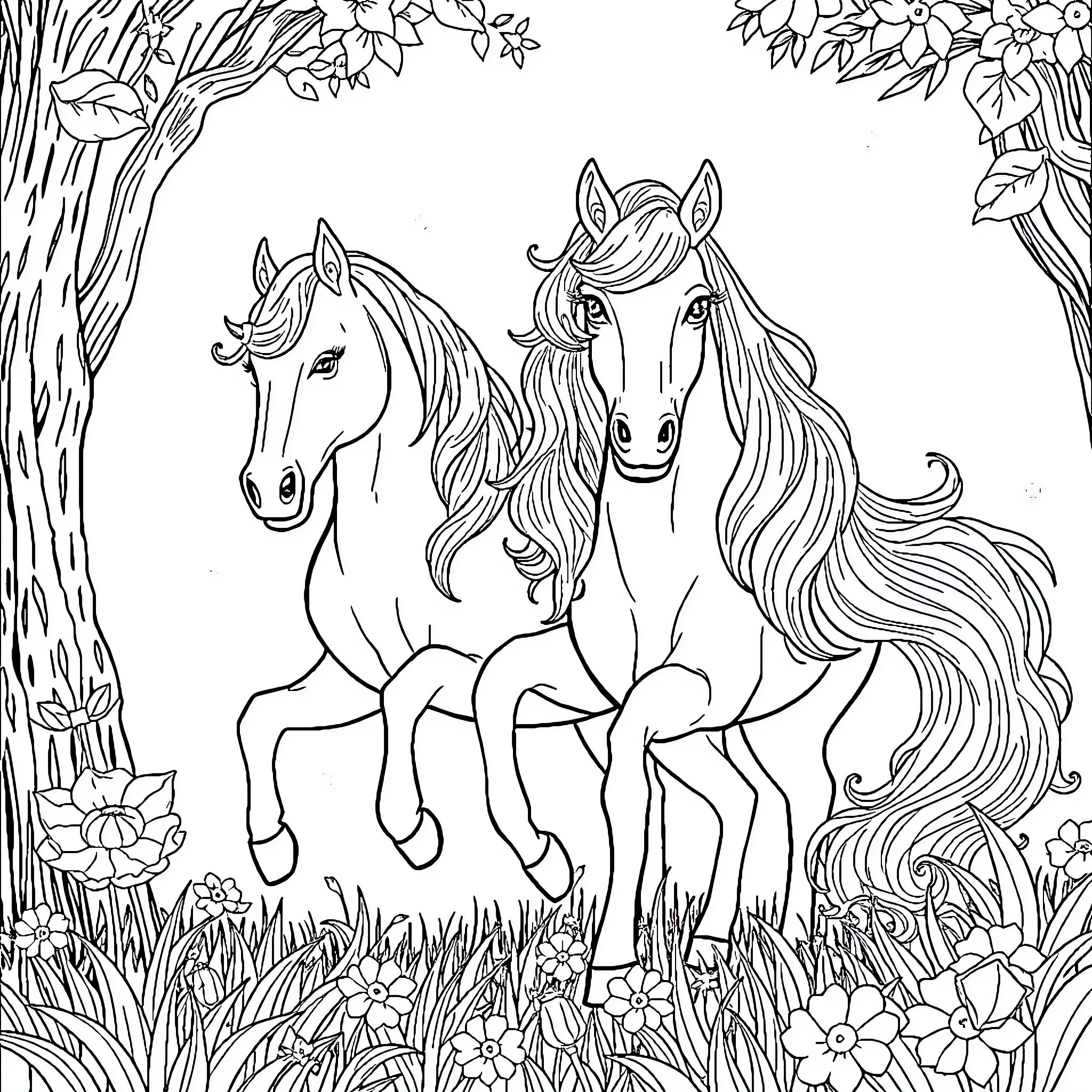 Unicorn companions frolicking in enchanted forest Coloring Page (free black-and-white line drawing printable PDF for all, from beginners to advanced learners, including children, teens, adults, and seniors)