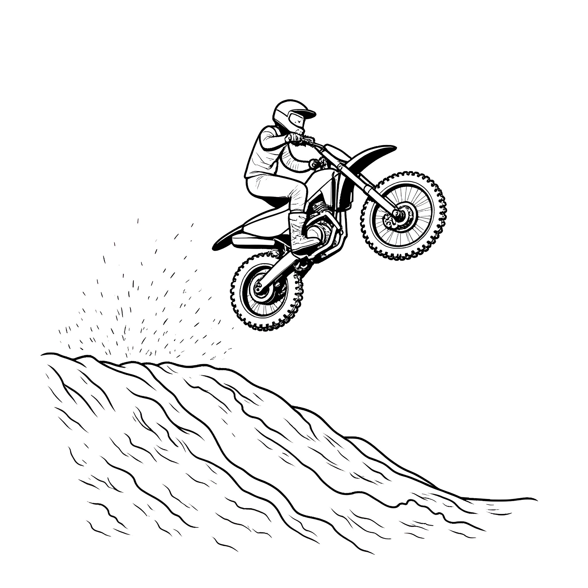 Dirtbike rider jumping over hill Coloring Page (free black-and-white line drawing printable PDF for all, from beginners to advanced learners, including children, teens, adults, and seniors)