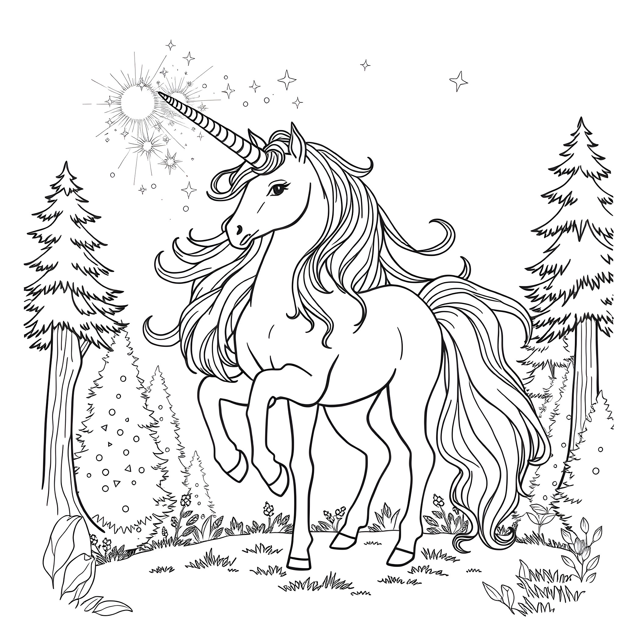 Unicorn prancing gracefully in the enchanted forest Coloring Page (free black-and-white line drawing printable PDF for all, from beginners to advanced learners, including children, teens, adults, and seniors)