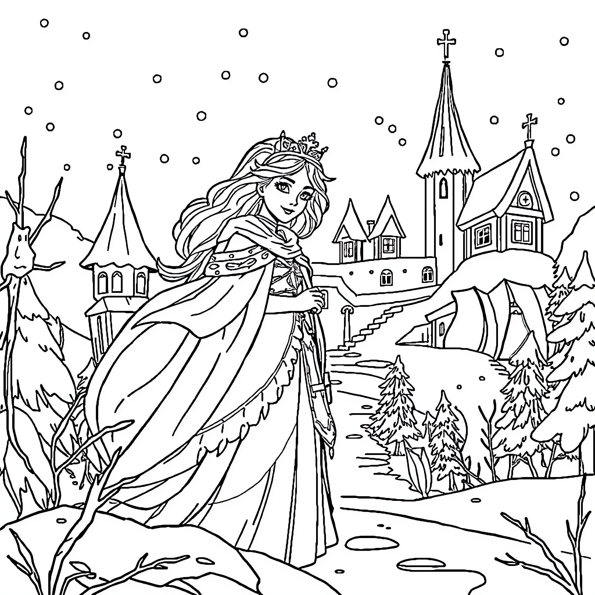 Snow Queen exploring a magical winter wonderland Coloring Page (free black-and-white line drawing printable PDF for all, from beginners to advanced learners, including children, teens, adults, and seniors)