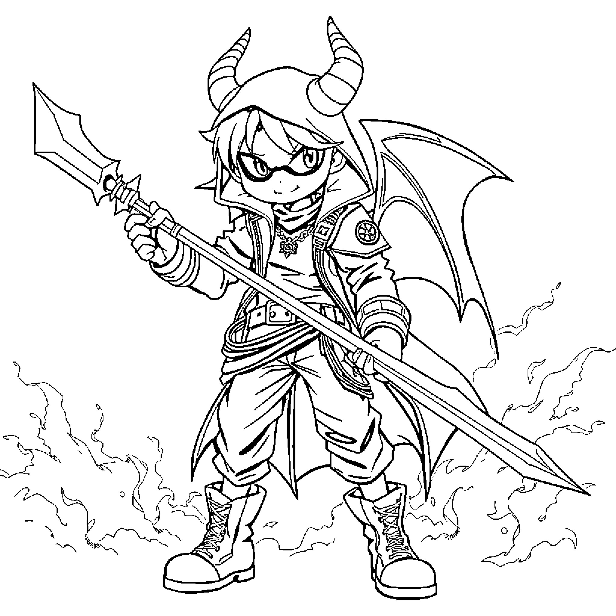 Kpop Demon Hunter Wielding Sword in Fierce Battle Coloring Page (free black-and-white line drawing printable PDF for all, from beginners to advanced learners, including children, teens, adults, and seniors)