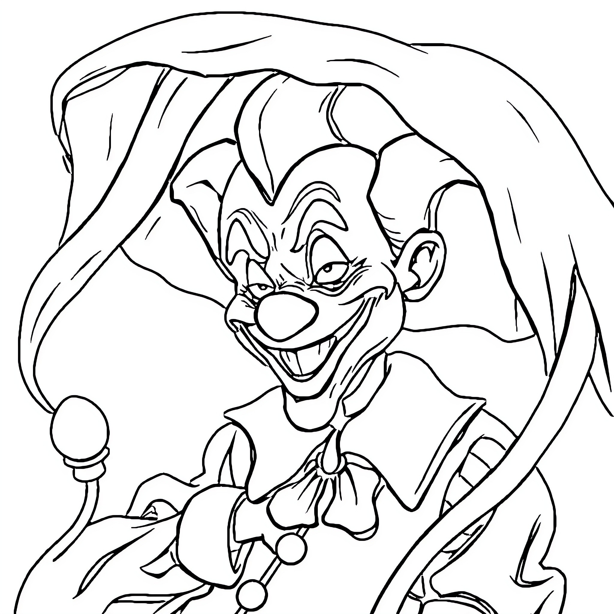 Clown with exaggerated facial expressions and costume Coloring Page (free black-and-white line drawing printable PDF for all, from beginners to advanced learners, including children, teens, adults, and seniors)