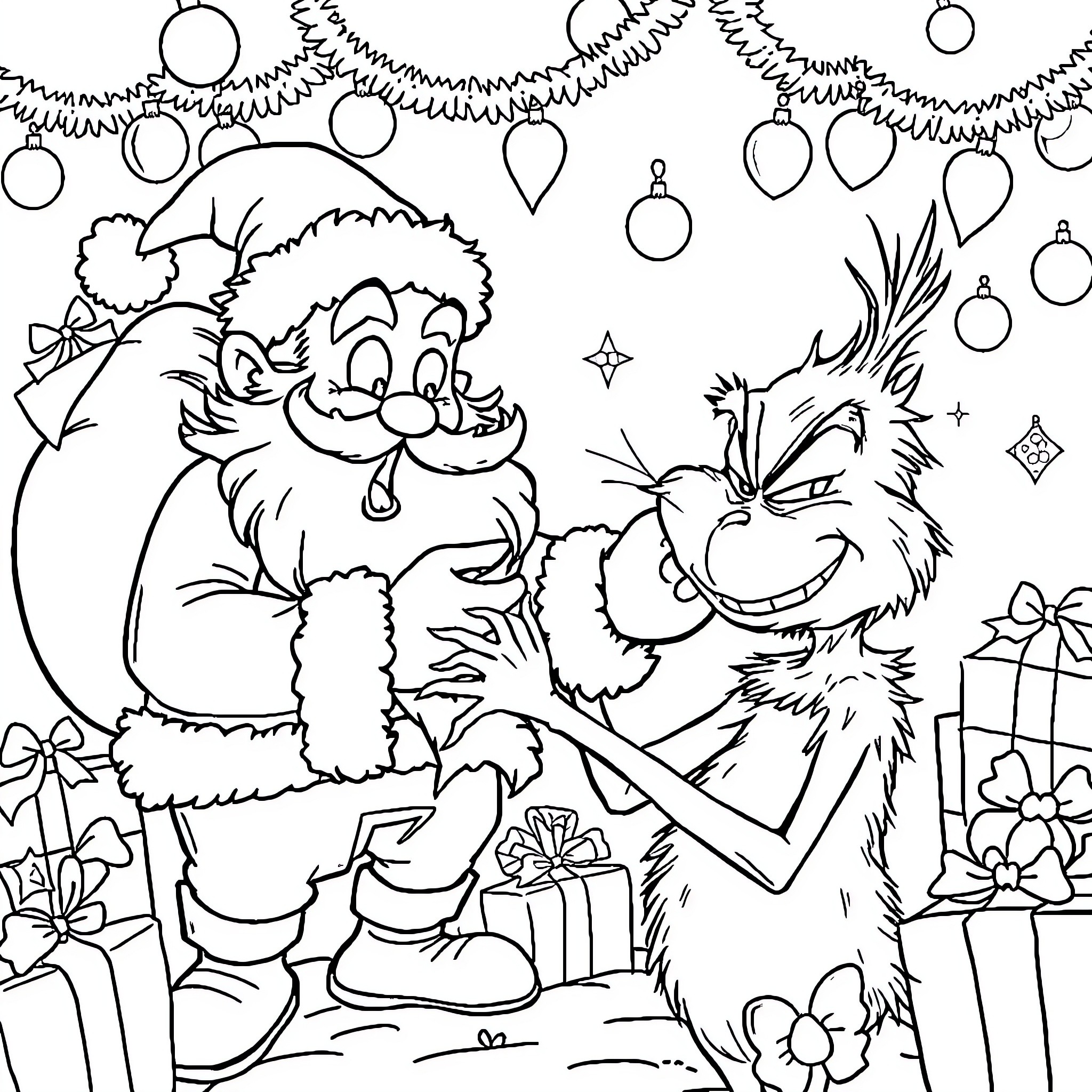 Santa and Festive Creature Celebrating Christmas Coloring Page (free black-and-white line drawing printable PDF for all, from beginners to advanced learners, including children, teens, adults, and seniors)