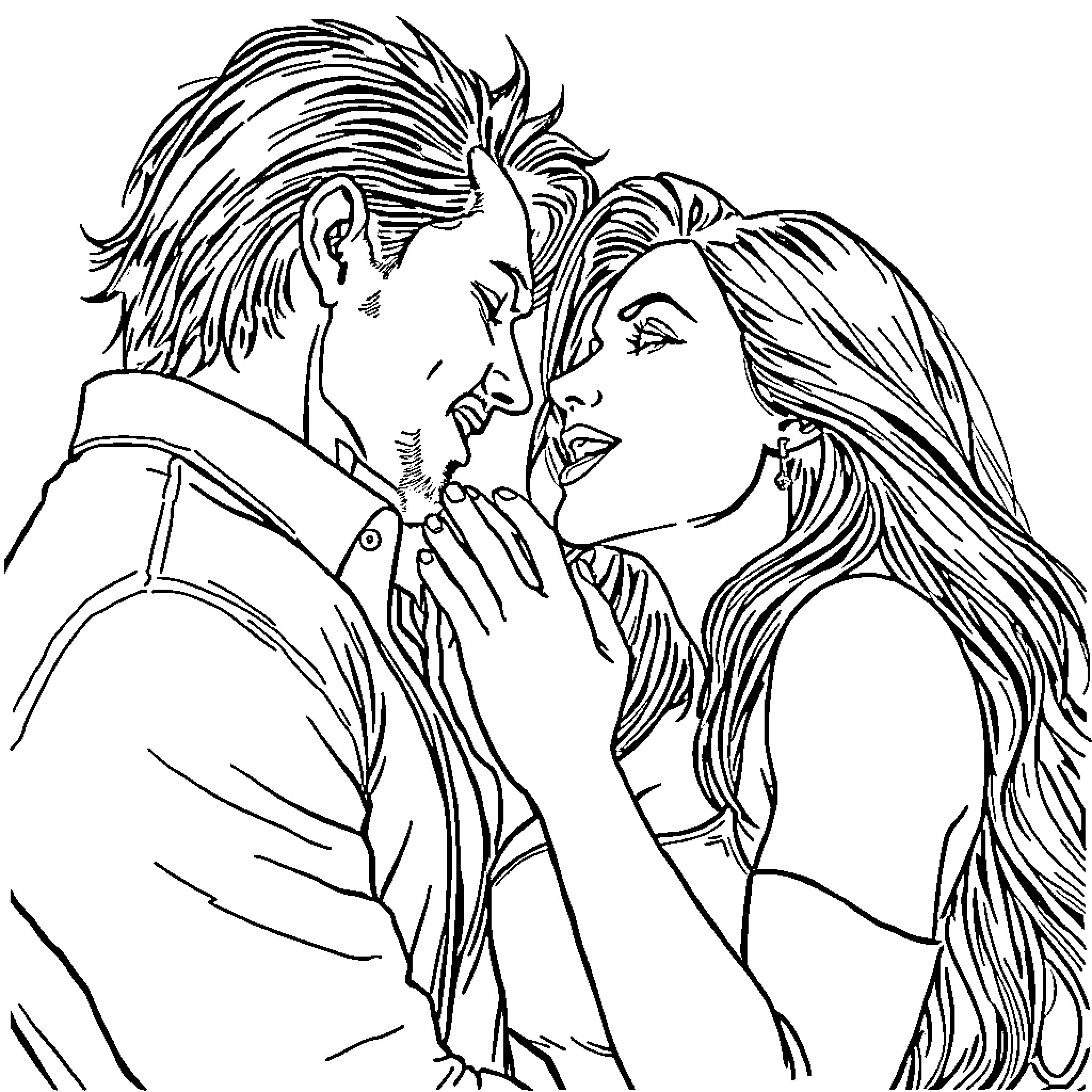 Megan Fox in romantic embrace with co-star Coloring Page (free black-and-white line drawing printable PDF for all, from beginners to advanced learners, including children, teens, adults, and seniors)
