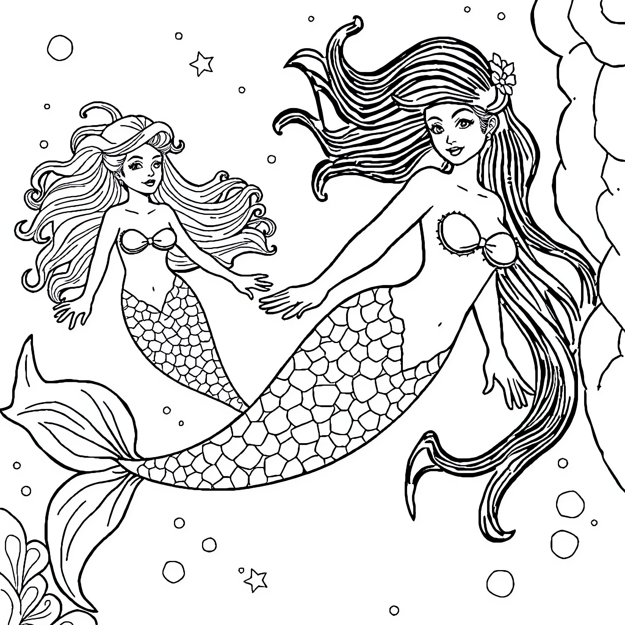 Mermaid sisters swimming in the ocean Coloring Page (free black-and-white line drawing printable PDF for all, from beginners to advanced learners, including children, teens, adults, and seniors)