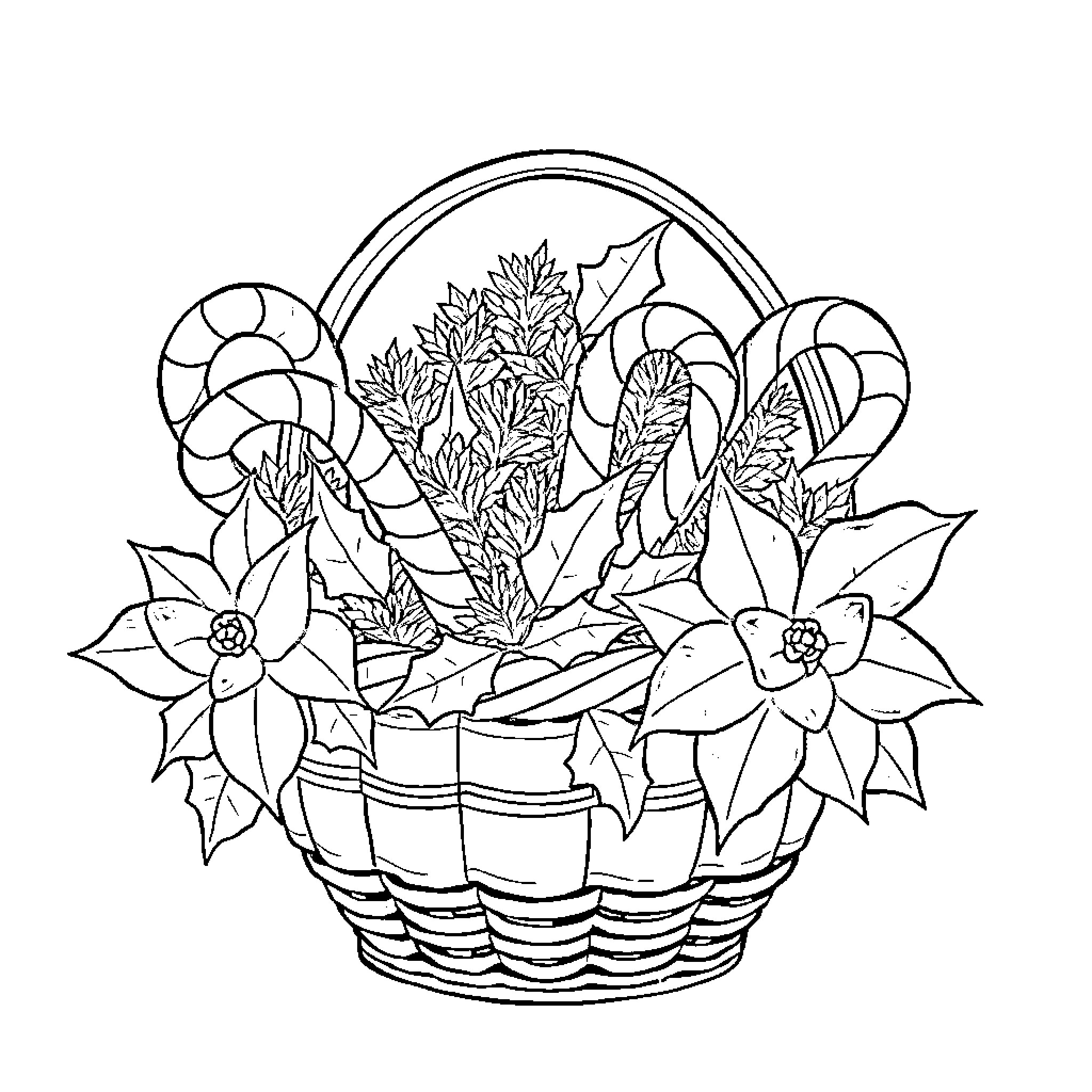 Gift Basket with Floral Arrangement Coloring Page (free black-and-white line drawing printable PDF for all, from beginners to advanced learners, including children, teens, adults, and seniors)