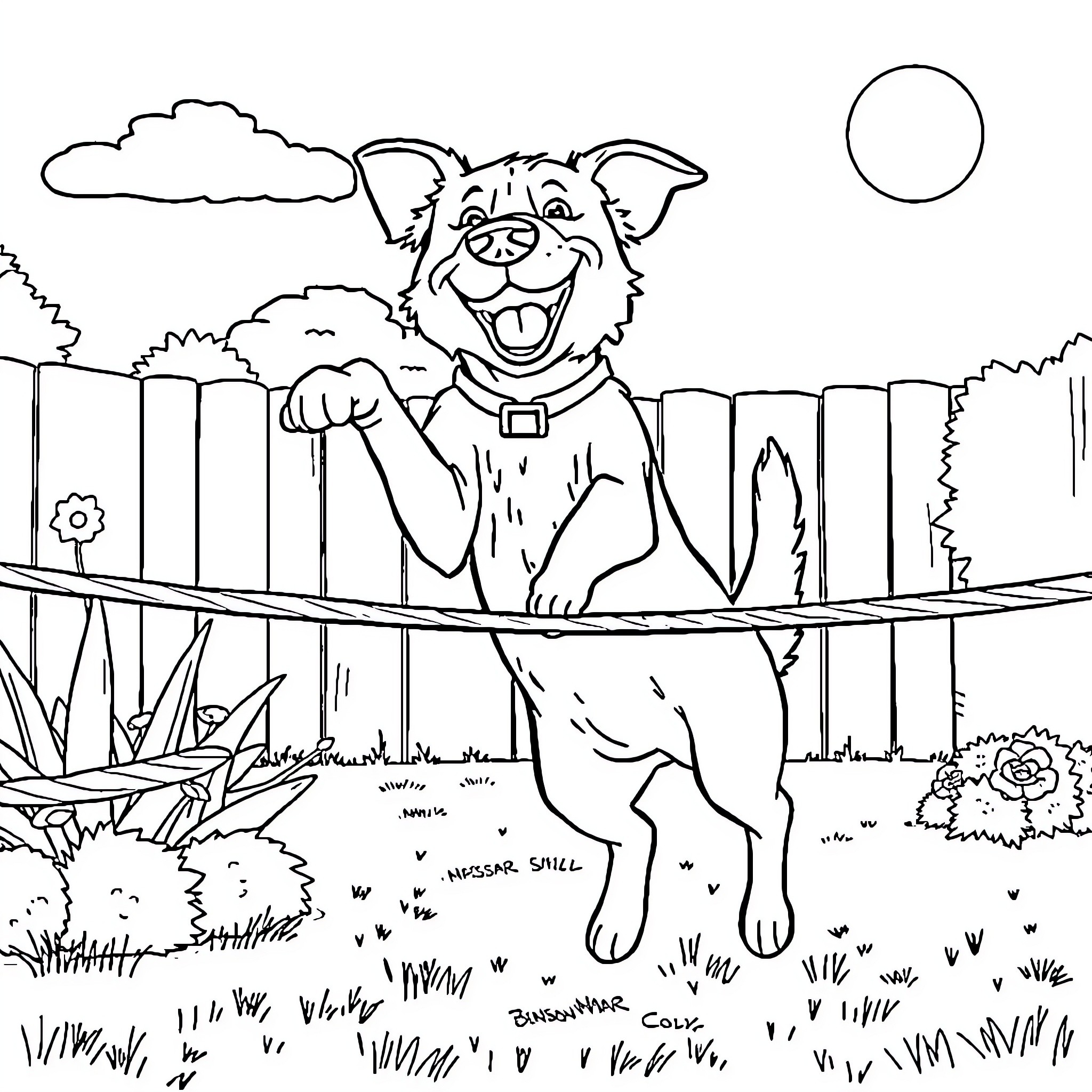 Dog jumping excitedly over a fence Coloring Page (free black-and-white line drawing printable PDF for all, from beginners to advanced learners, including children, teens, adults, and seniors)