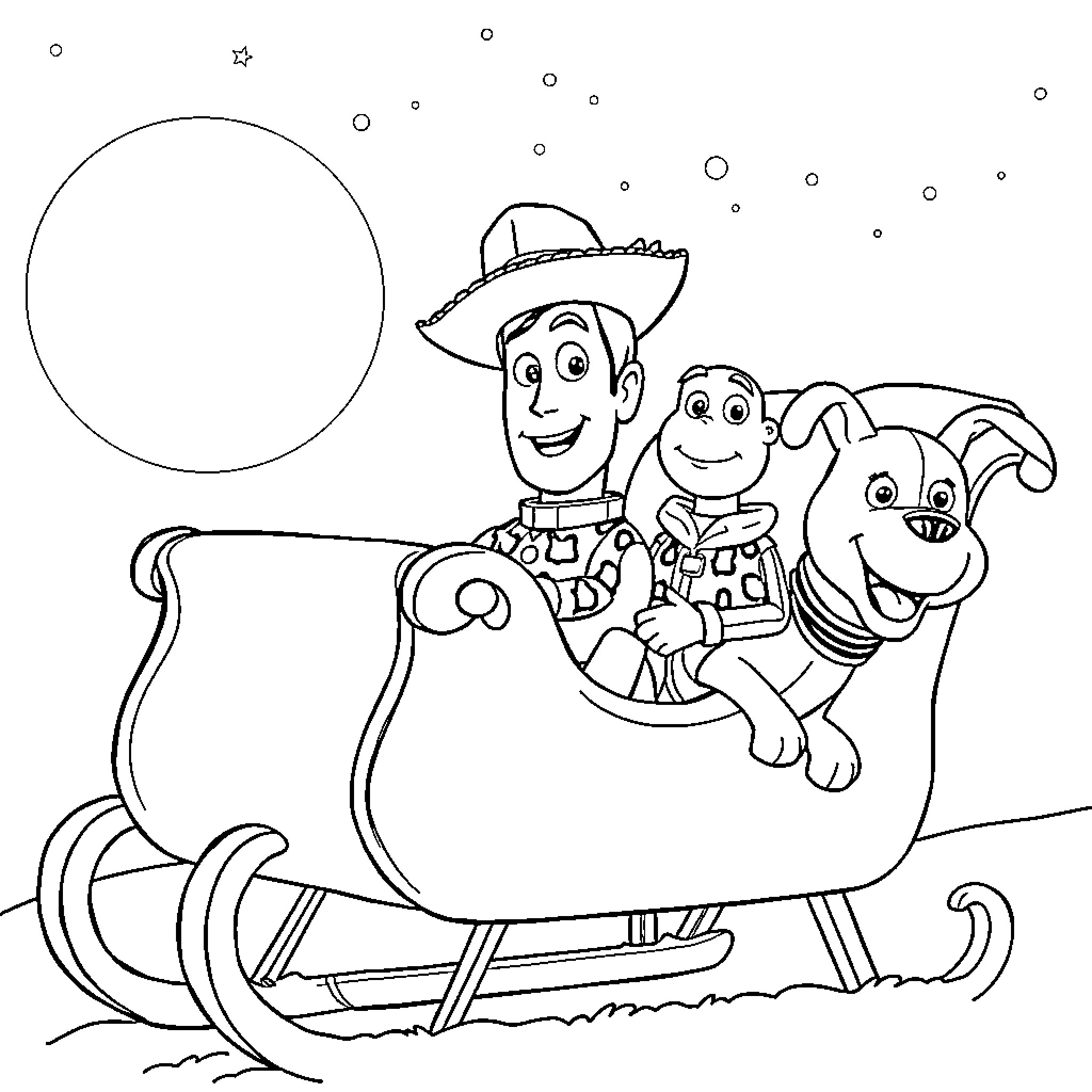 Toy characters riding on a sleigh Coloring Page (free black-and-white line drawing printable PDF for all, from beginners to advanced learners, including children, teens, adults, and seniors)