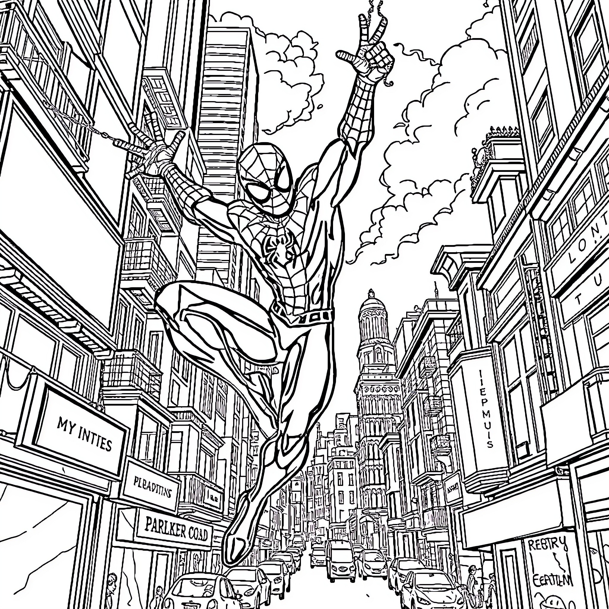 Spiderman swinging through the bustling city Coloring Page (free black-and-white line drawing printable PDF for all, from beginners to advanced learners, including children, teens, adults, and seniors)