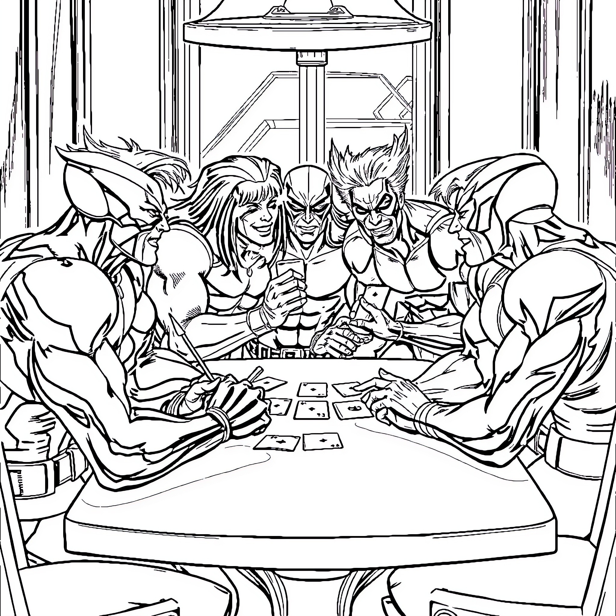 X-Men Superheroes Gather for a Card Game Coloring Page (free black-and-white line drawing printable PDF for all, from beginners to advanced learners, including children, teens, adults, and seniors)