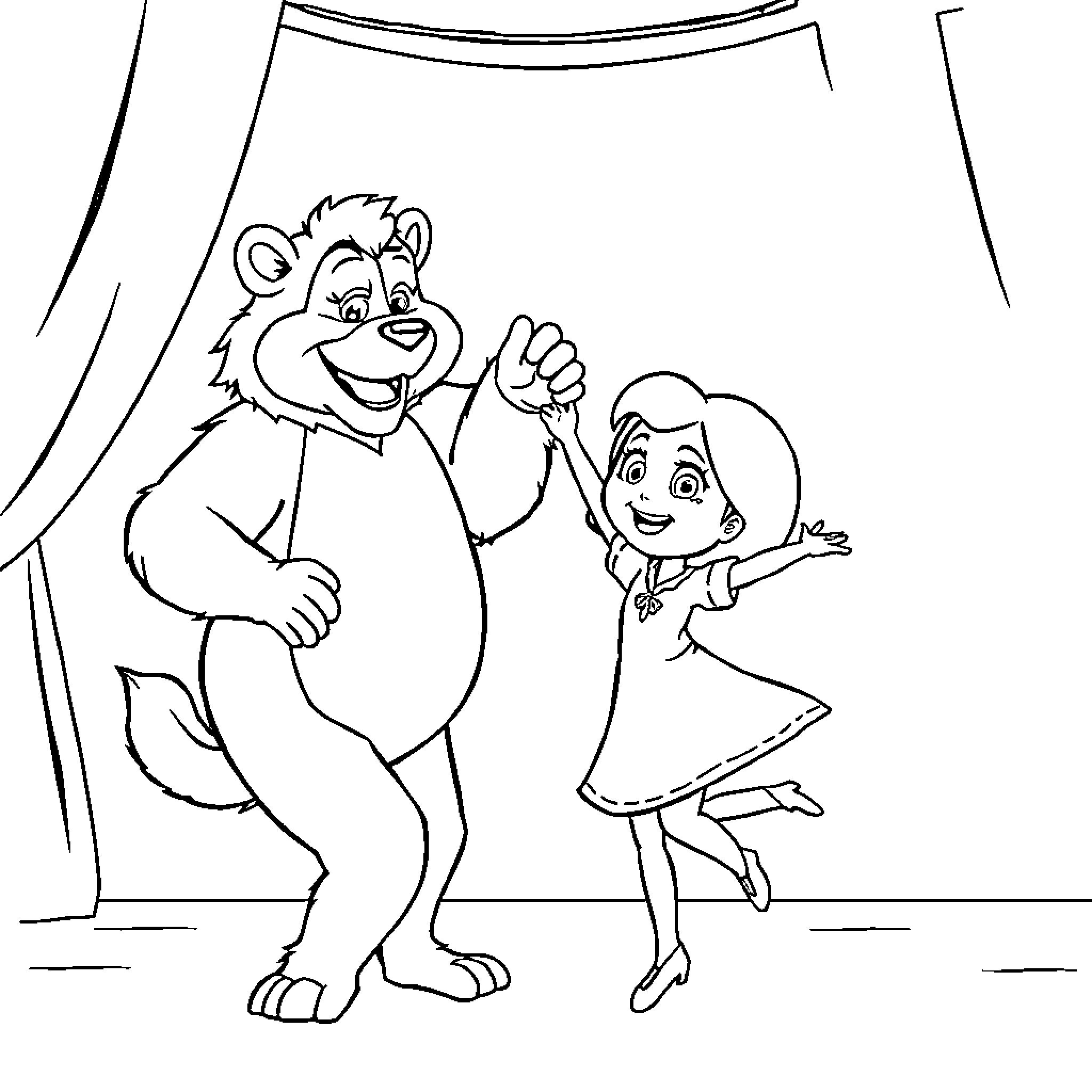 Masha dancing with a bear on stage Coloring Page (free black-and-white line drawing printable PDF for all, from beginners to advanced learners, including children, teens, adults, and seniors)