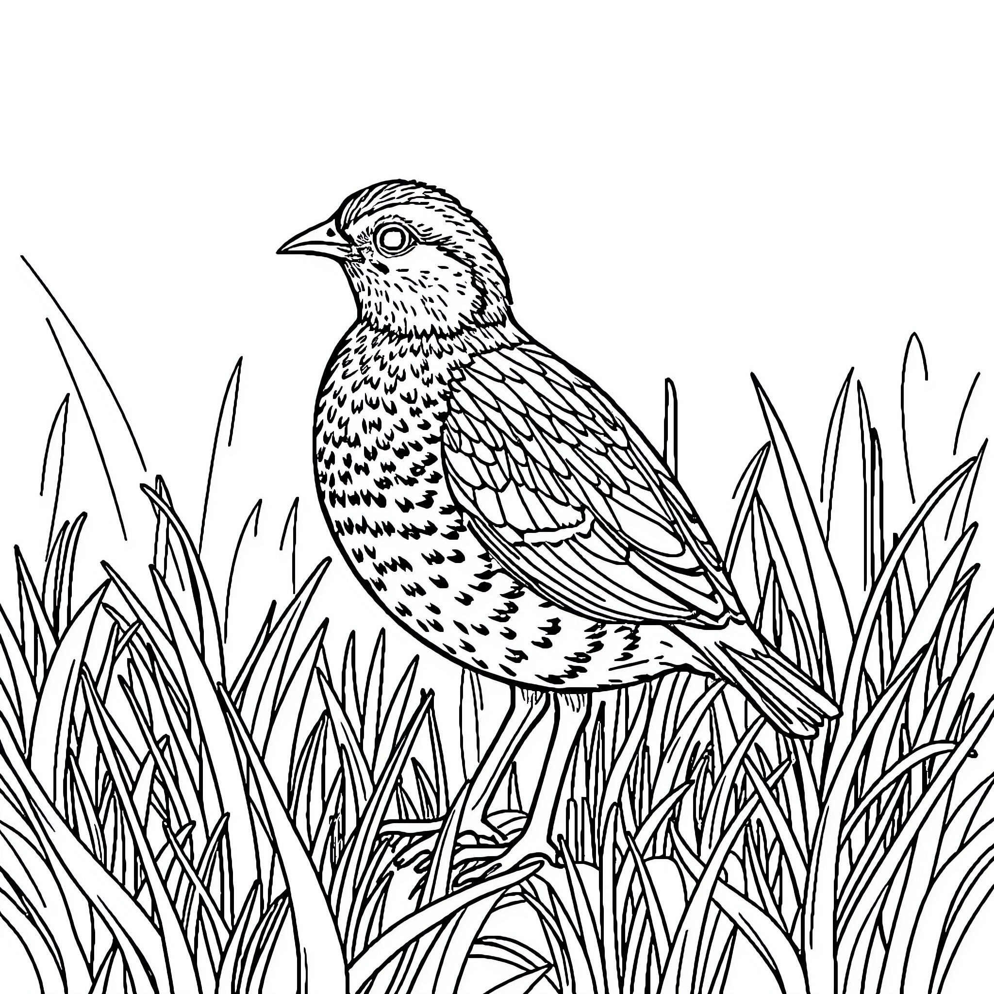 Quail perched among tall grass Coloring Page (free black-and-white line drawing printable PDF for all, from beginners to advanced learners, including children, teens, adults, and seniors)