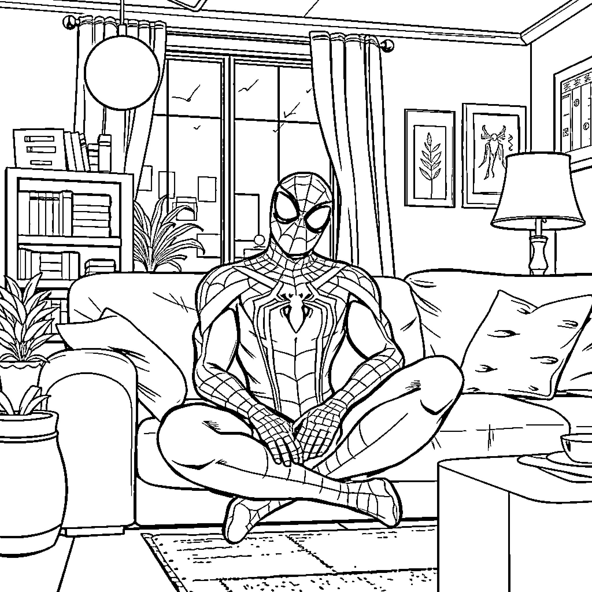 Spiderman sitting cross-legged on a sofa in a living room Coloring Page (free black-and-white line drawing printable PDF for all, from beginners to advanced learners, including children, teens, adults, and seniors)