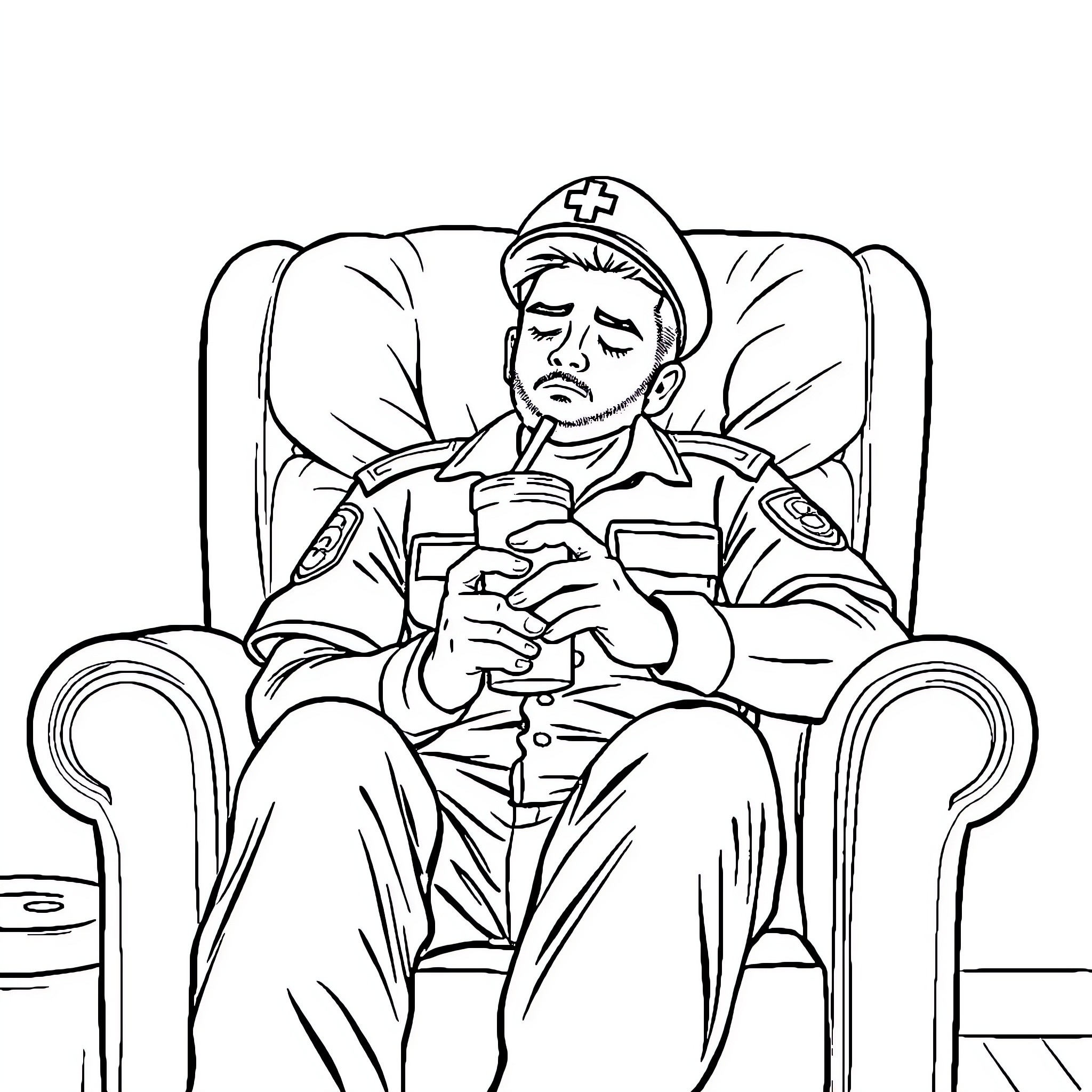 Paramedic administering care to patient in medical setting Coloring Page (free black-and-white line drawing printable PDF for all, from beginners to advanced learners, including children, teens, adults, and seniors)