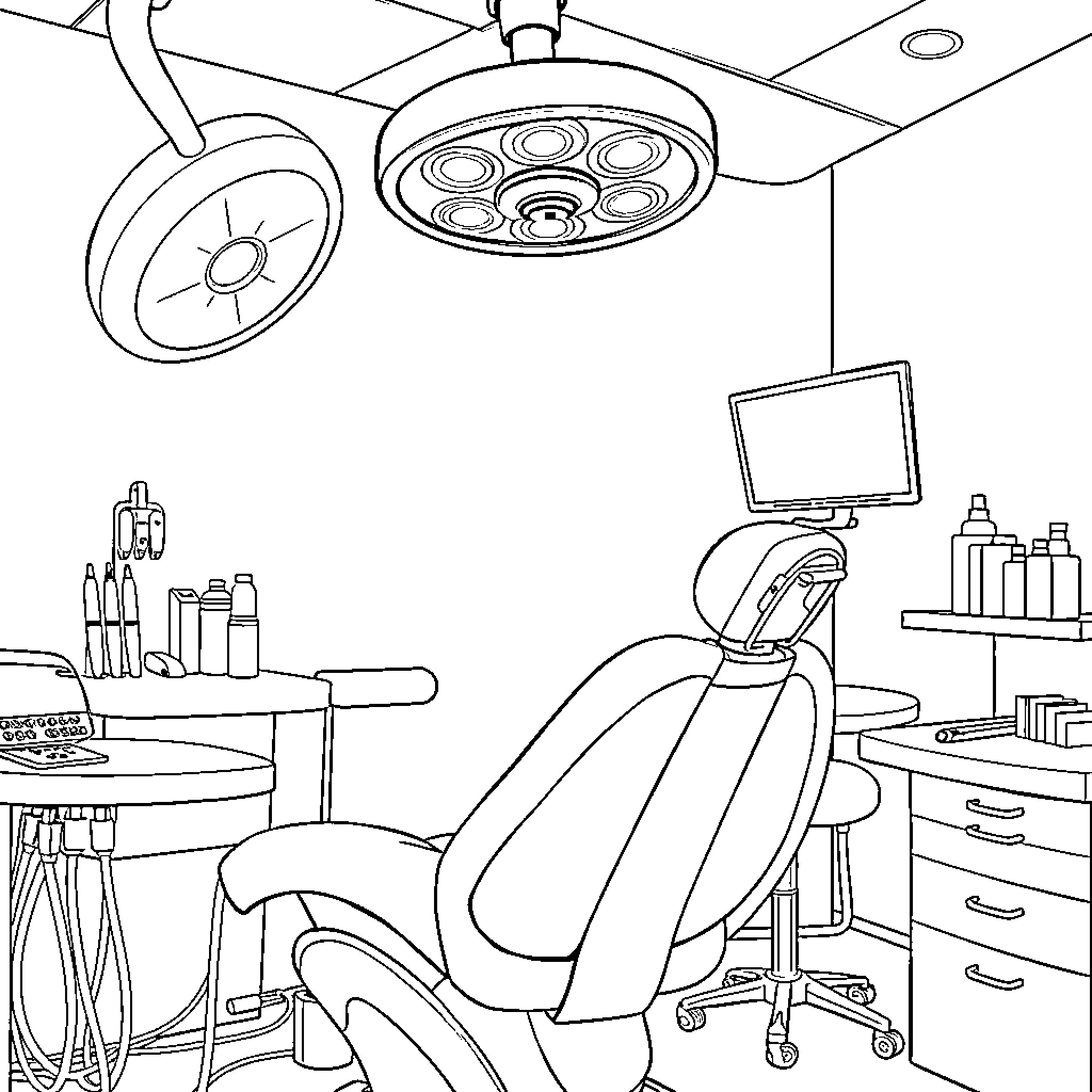 Dental Examination Room with Various Equipment Coloring Page (free black-and-white line drawing printable PDF for all, from beginners to advanced learners, including children, teens, adults, and seniors)