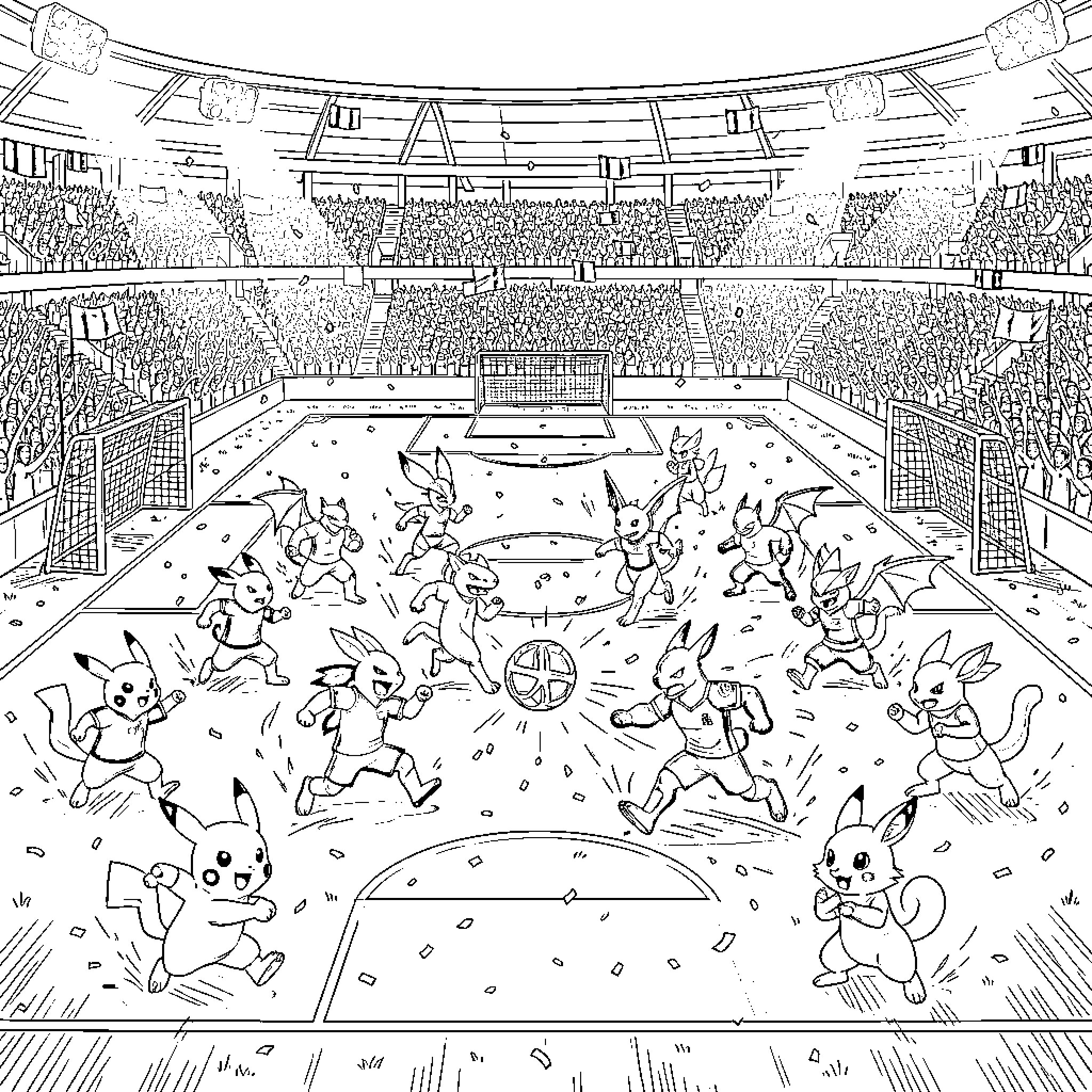 Pokémon playing an energetic soccer match in a stadium Coloring Page (free black-and-white line drawing printable PDF for all, from beginners to advanced learners, including children, teens, adults, and seniors)